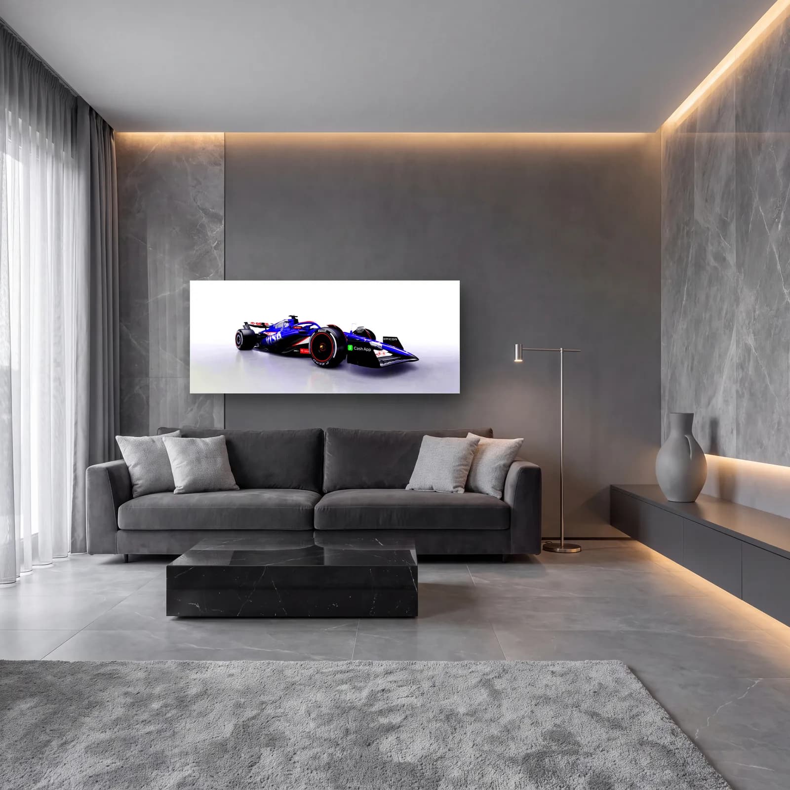 RB F1 Açılı Stüdyo Sağ cam tablo — lüks salon duvarında
