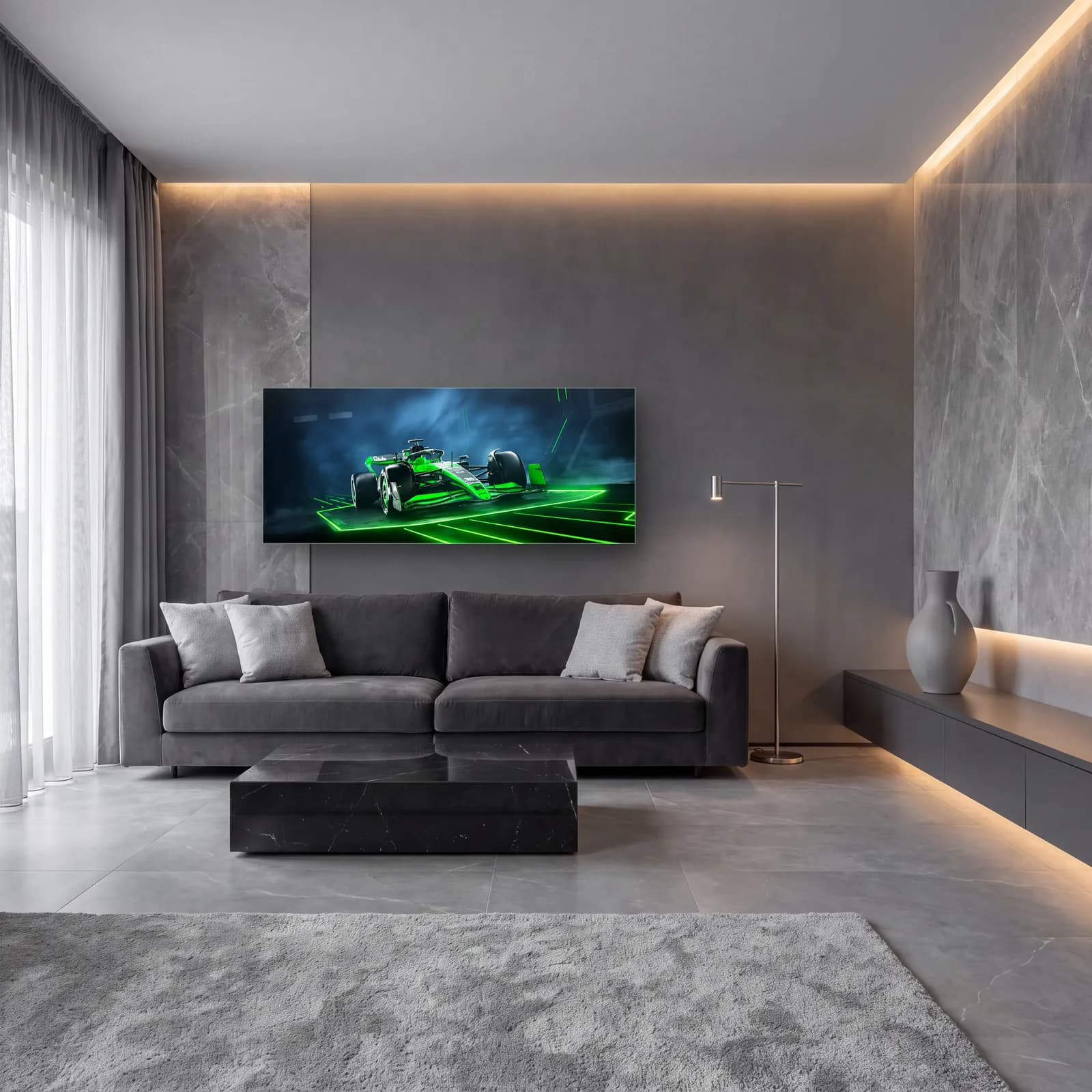 Neon Kafeste Sauber F1 cam tablo — lüks salon duvarında