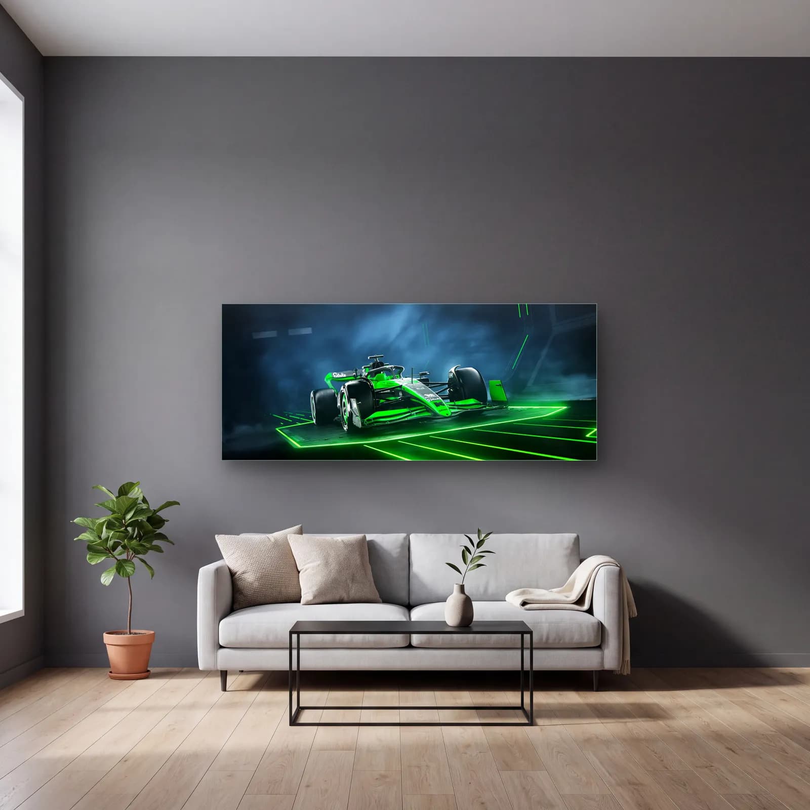 Neon Kafeste Sauber F1 cam tablo — gri duvarlı salonda