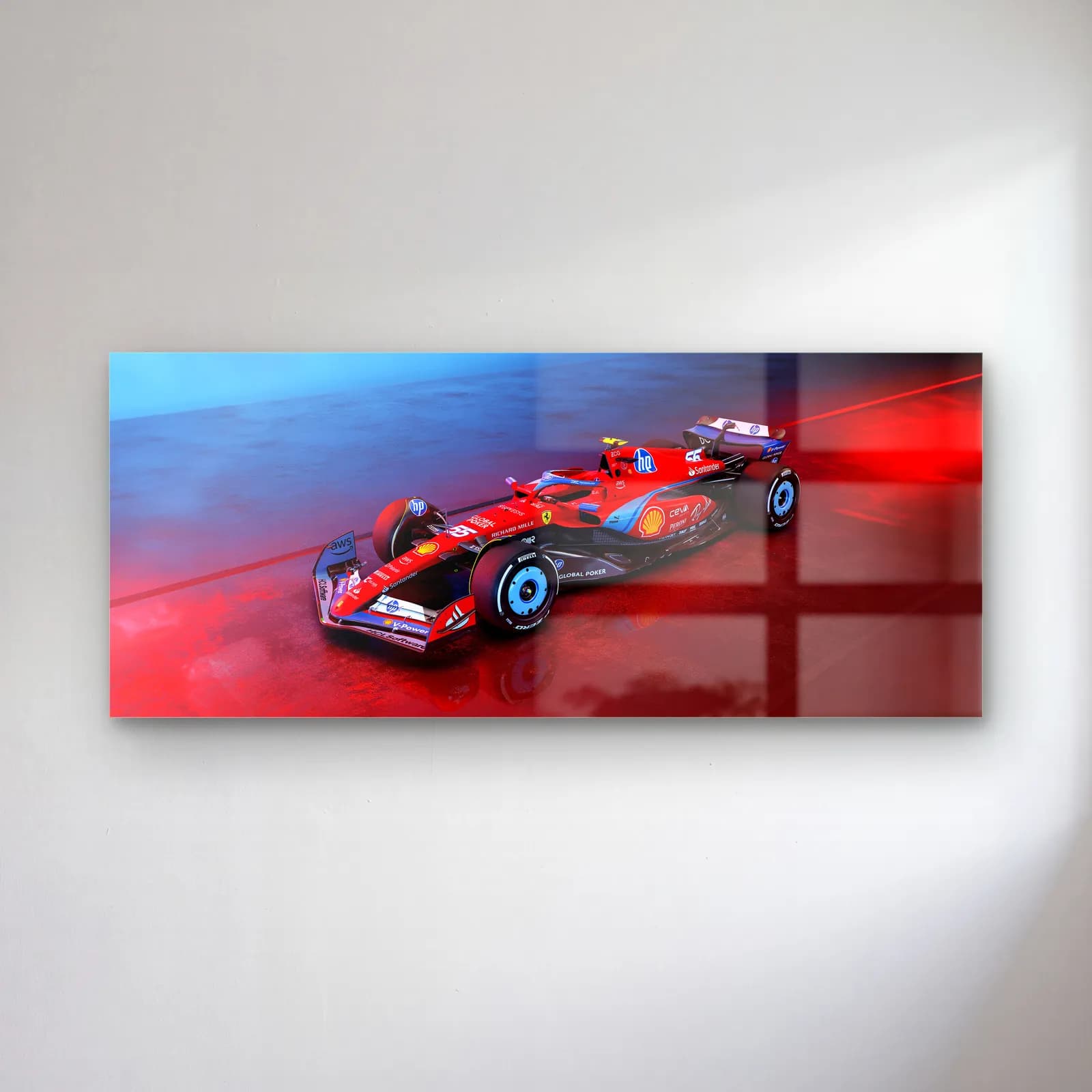 Kırmızı Mavi Işıkta Ferrari F1 cam tablo — Kırmızı ve mavi ışıklı zeminde açılı duran kırmızı Ferrari F1 aracı