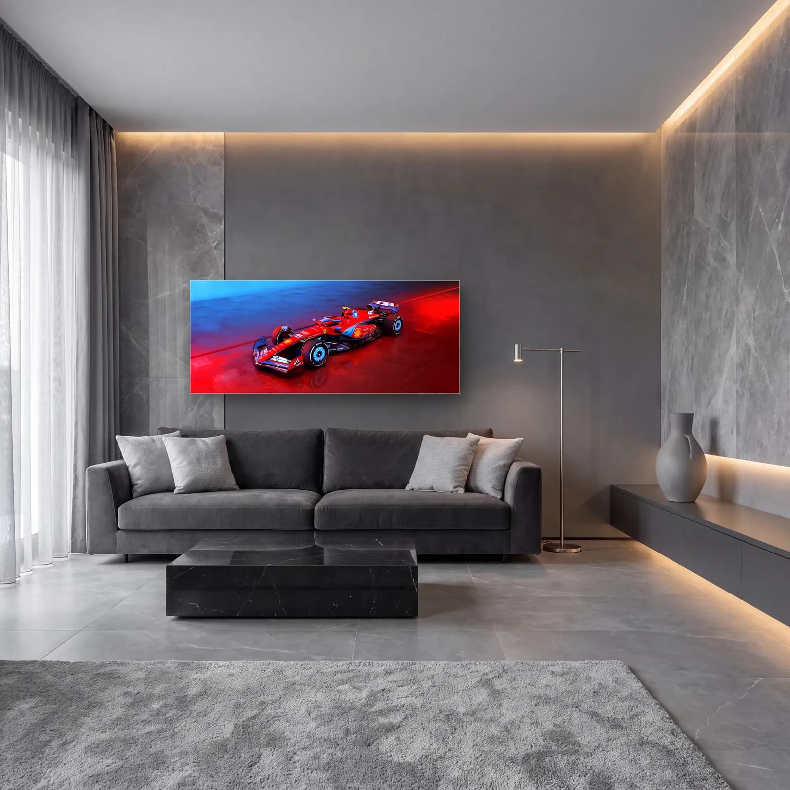 Kırmızı Mavi Işıkta Ferrari F1 cam tablo — lüks salon duvarında