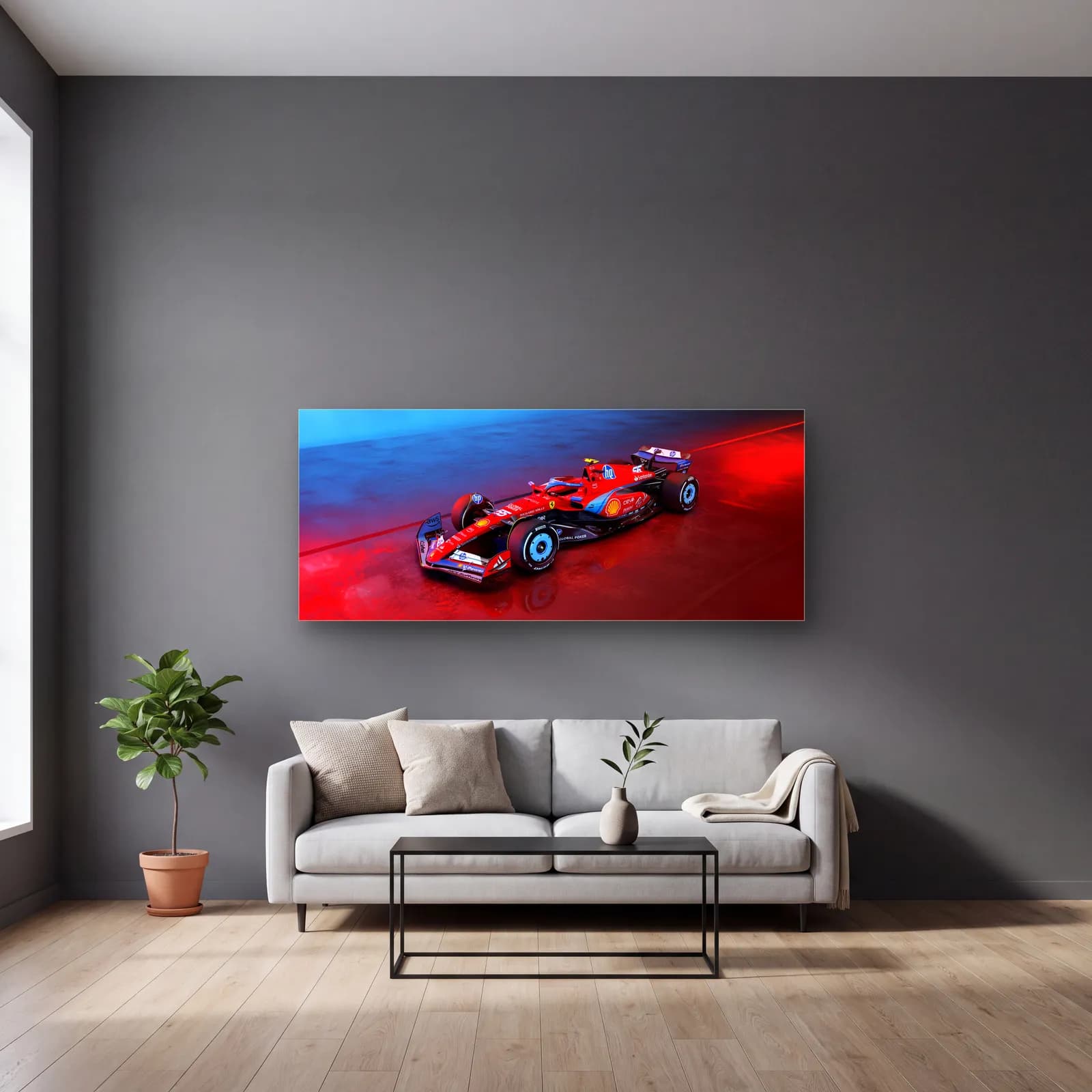 Kırmızı Mavi Işıkta Ferrari F1 cam tablo — gri duvarlı salonda