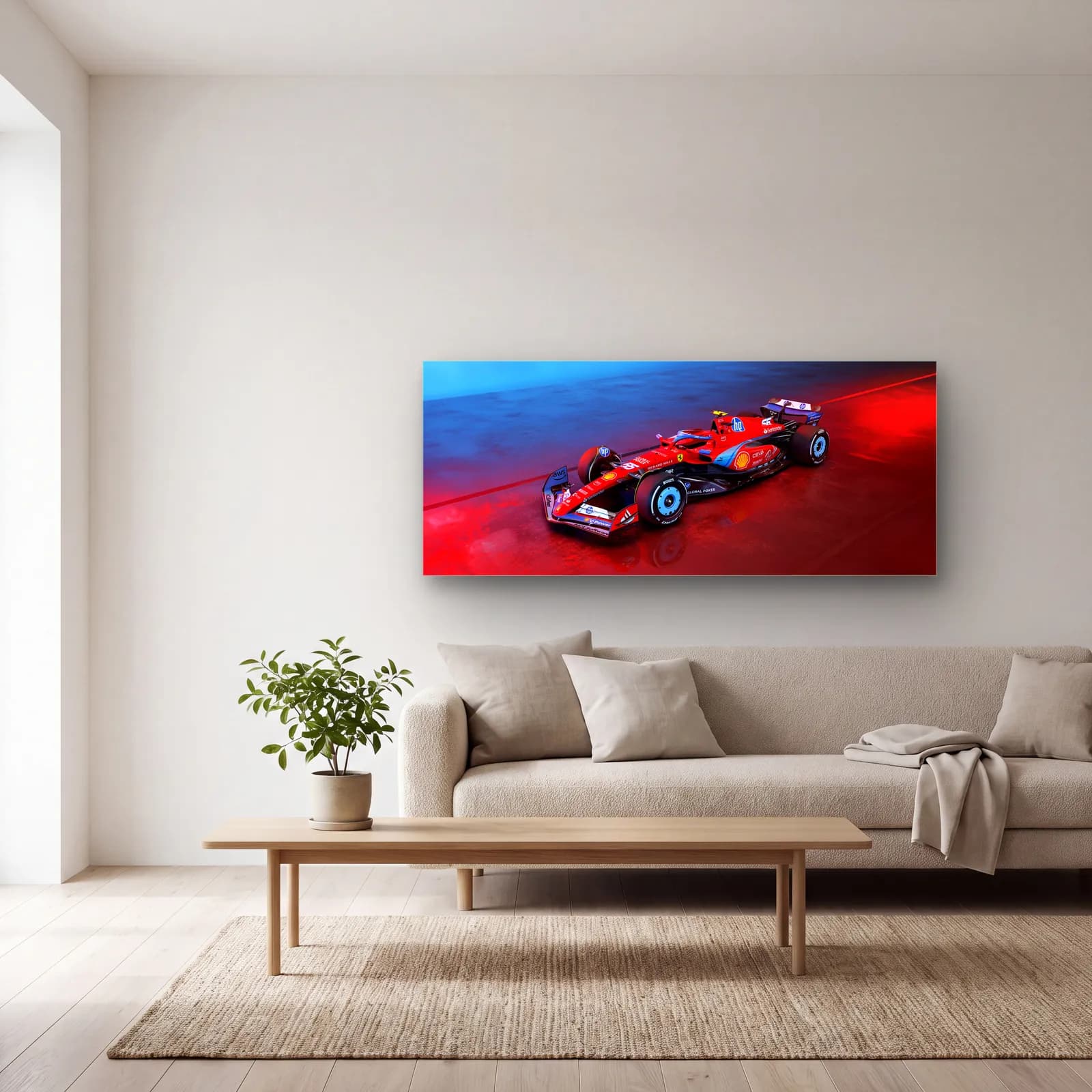 Kırmızı Mavi Işıkta Ferrari F1 cam tablo — açık renk salonda