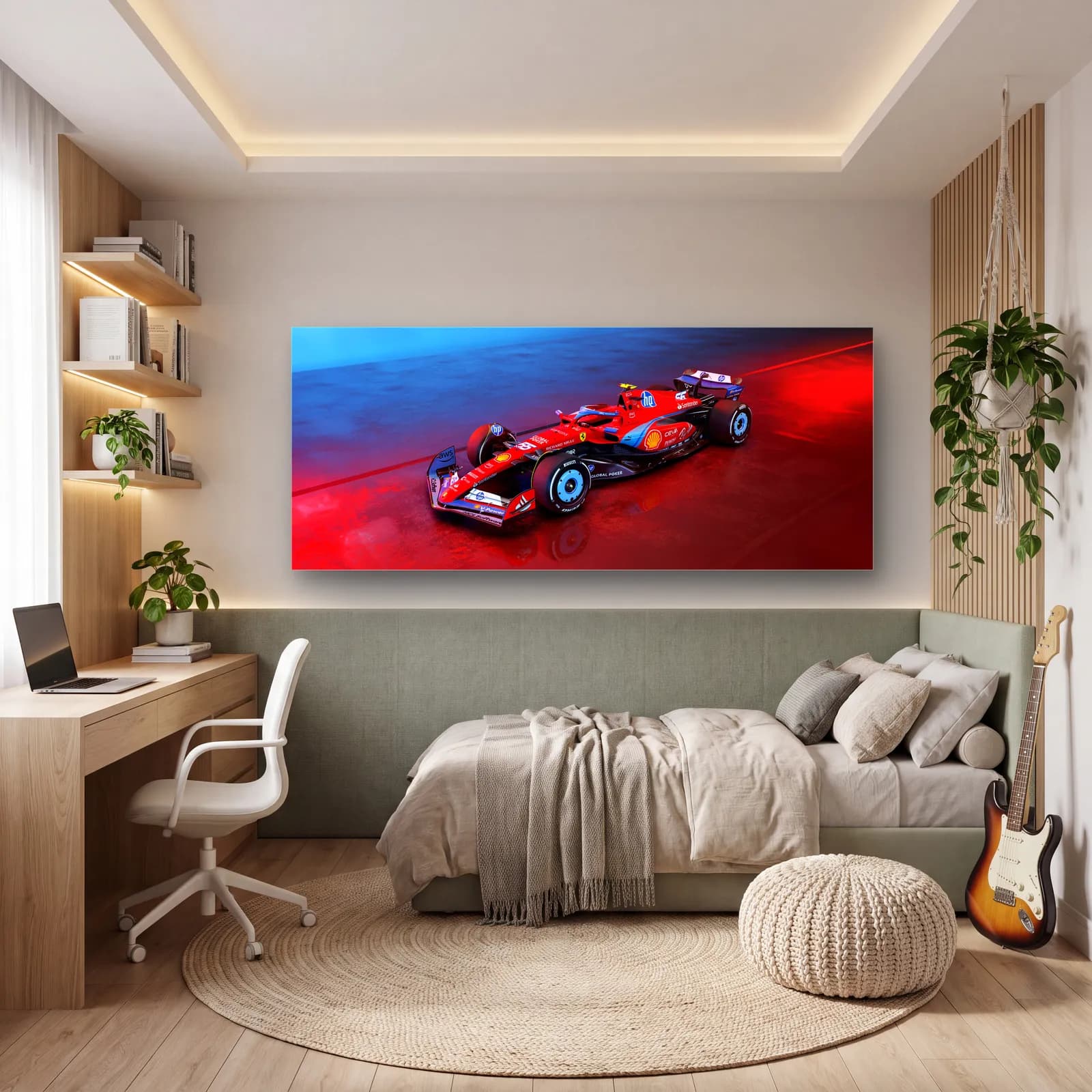 Kırmızı Mavi Işıkta Ferrari F1 cam tablo — genç odasında