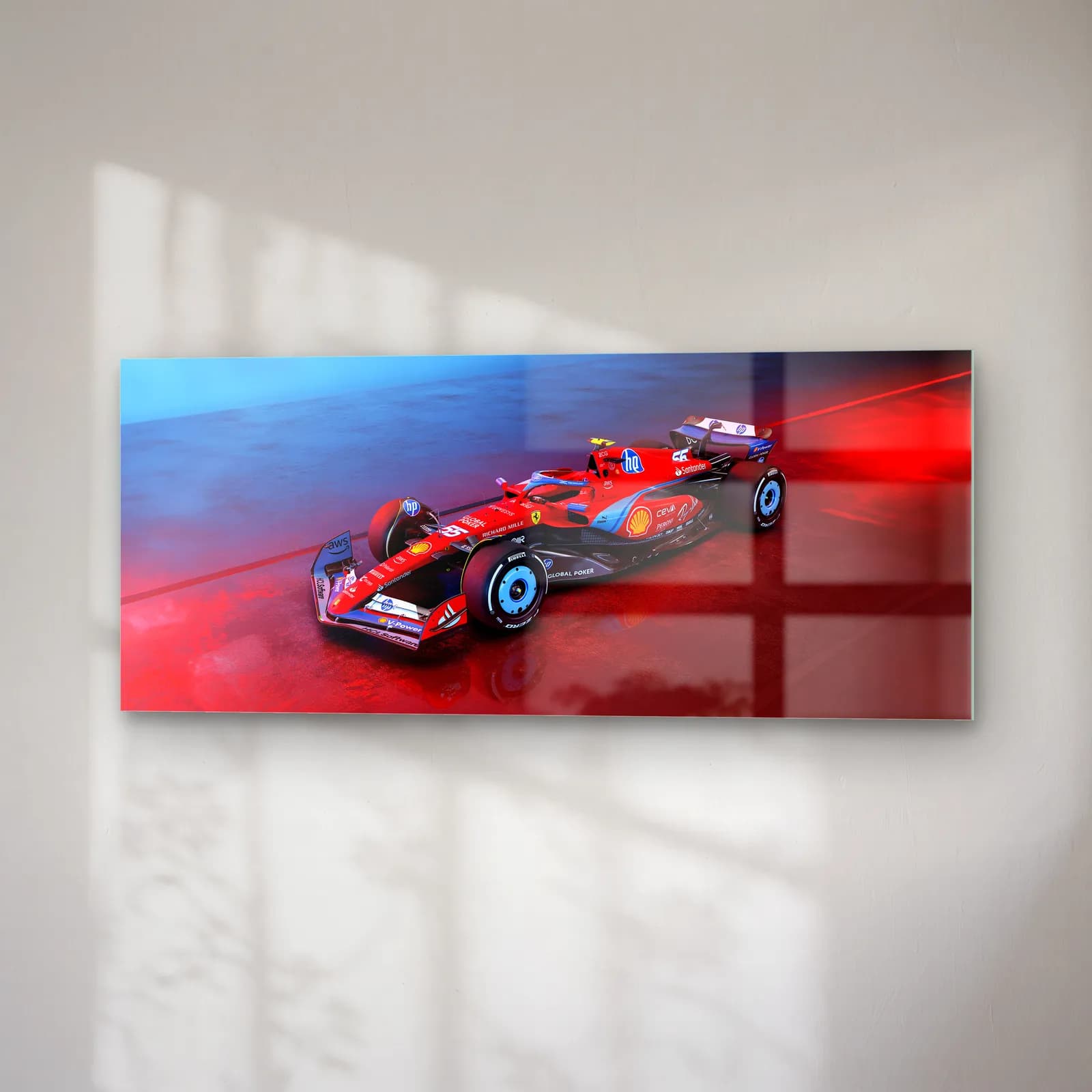 Kırmızı Mavi Işıkta Ferrari F1 cam tablo — sağ açıdan görünüm