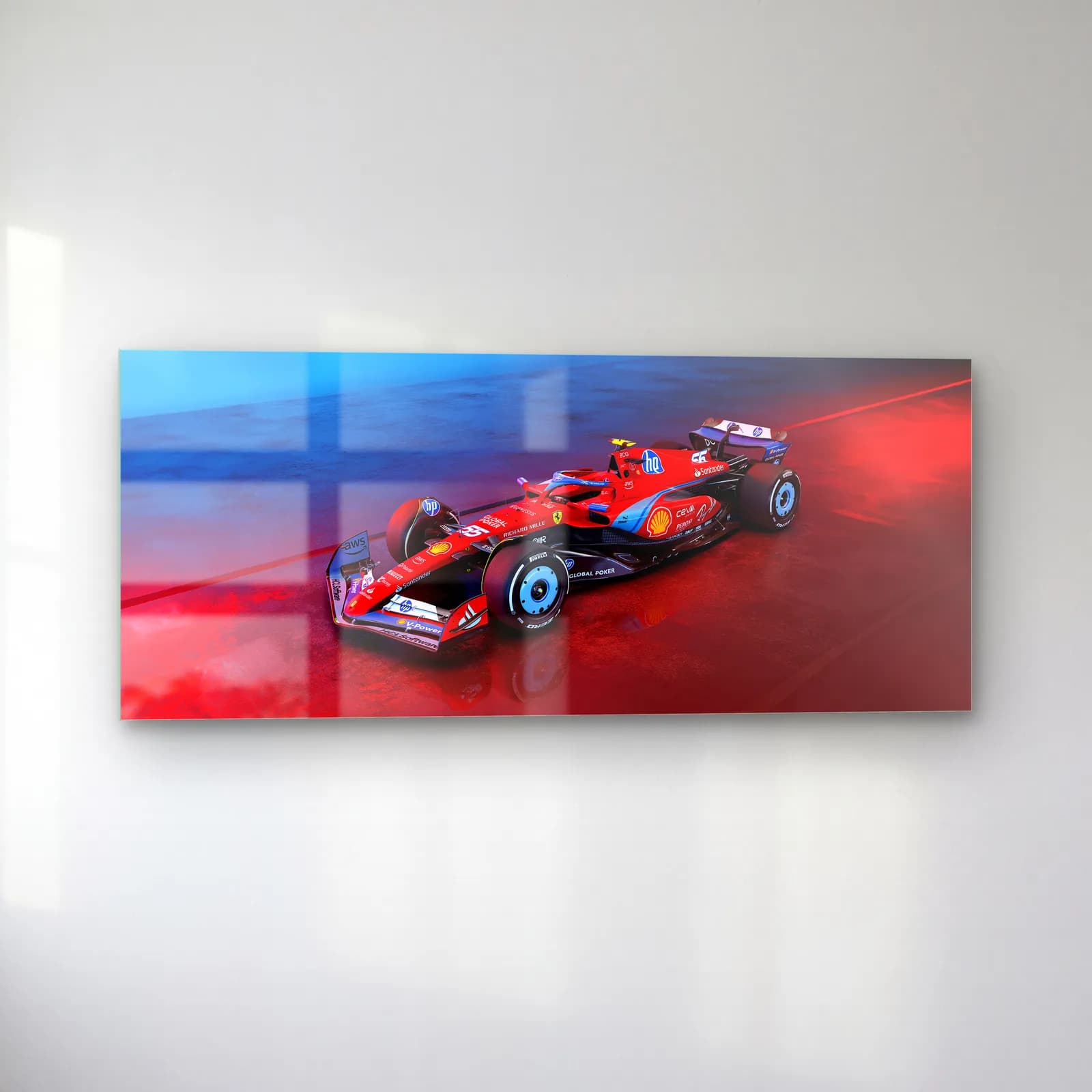 Kırmızı Mavi Işıkta Ferrari F1 cam tablo — sol açıdan görünüm