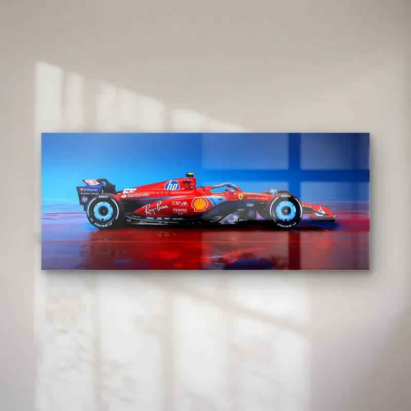 Ferrari F1 Yan Profil Mavi Işık cam tablo — Mavi ve kırmızı ışıklı yansımalı zeminde yandan kırmızı Ferrari F1