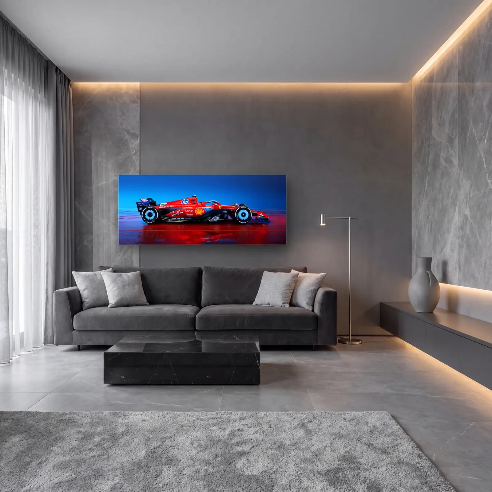 Ferrari F1 Yan Profil Mavi Işık cam tablo — lüks salon duvarında