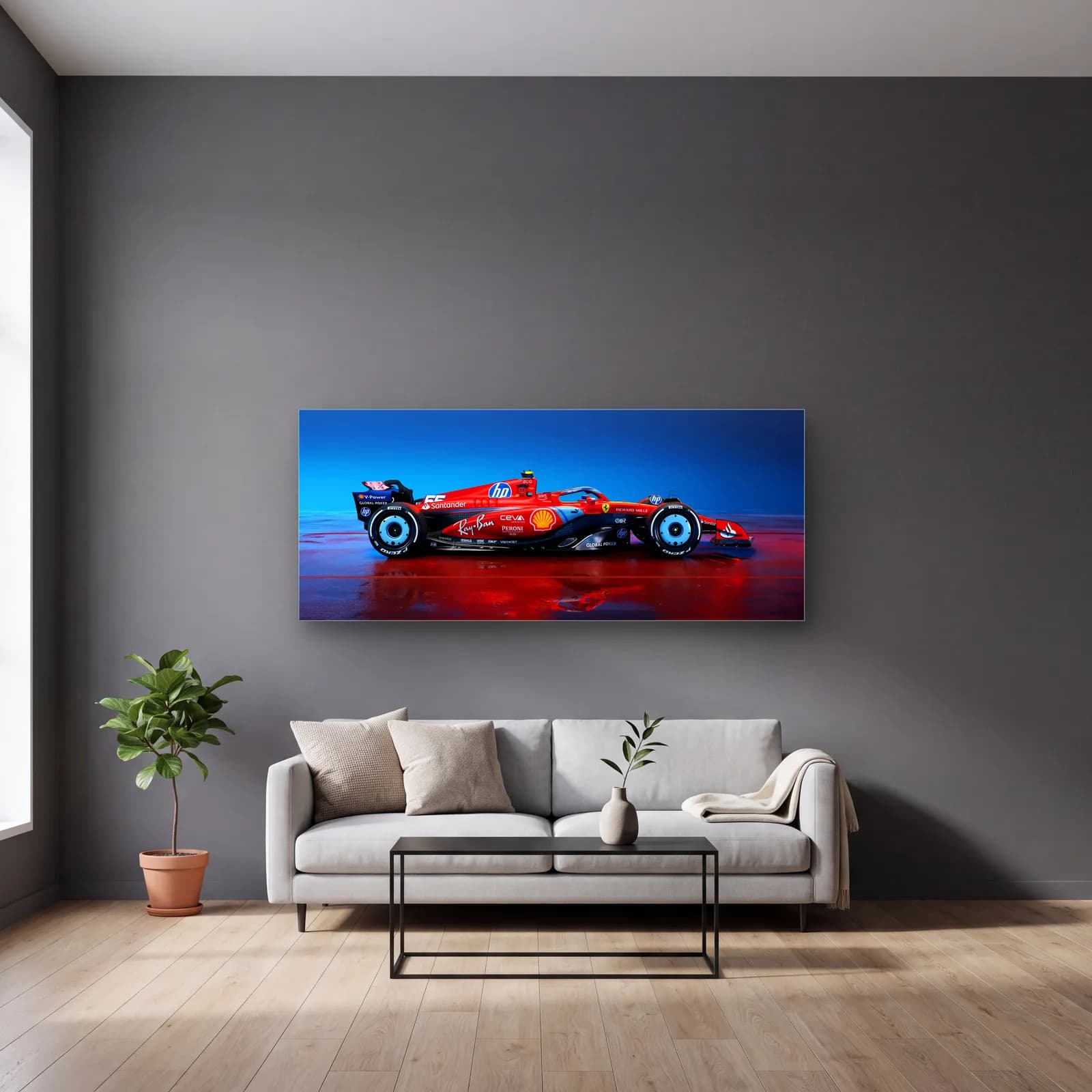 Ferrari F1 Yan Profil Mavi Işık cam tablo — gri duvarlı salonda