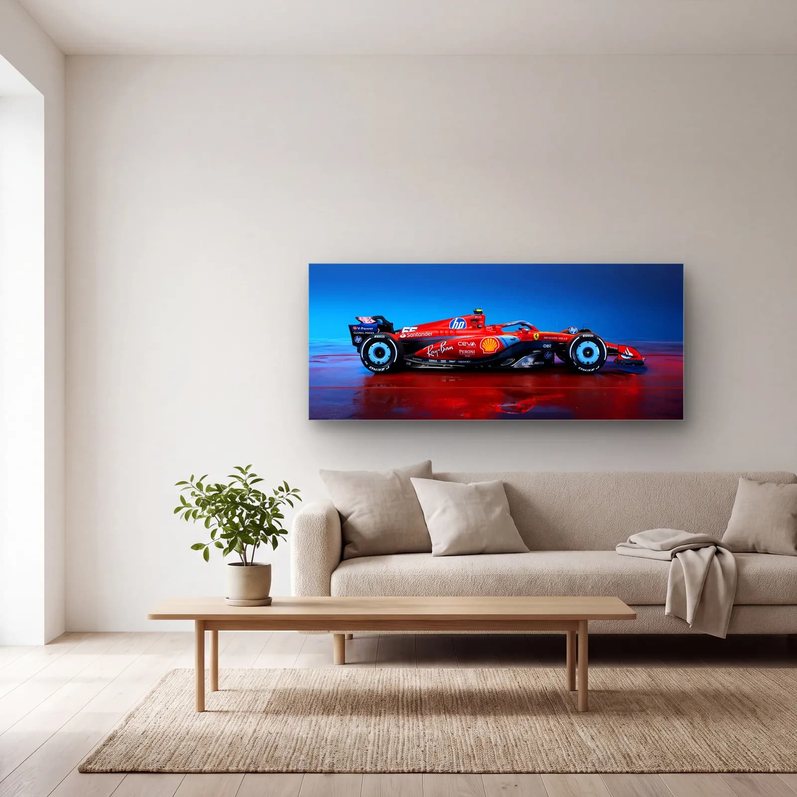 Ferrari F1 Yan Profil Mavi Işık cam tablo — açık renk salonda