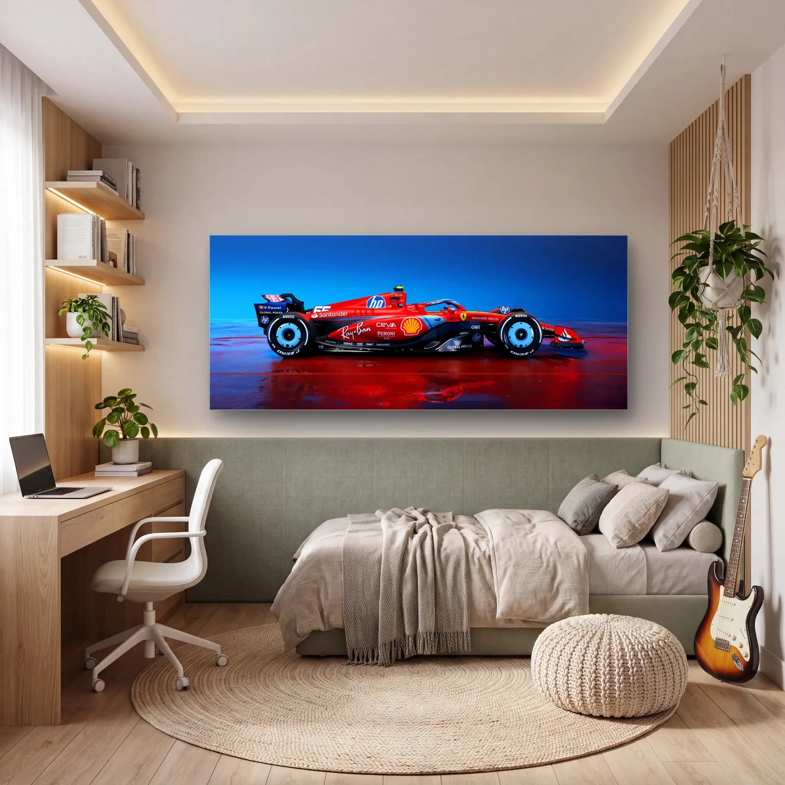 Ferrari F1 Yan Profil Mavi Işık cam tablo — genç odasında