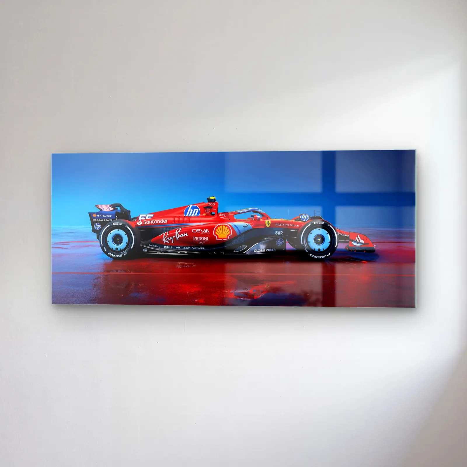 Ferrari F1 Yan Profil Mavi Işık cam tablo — sağ açıdan görünüm
