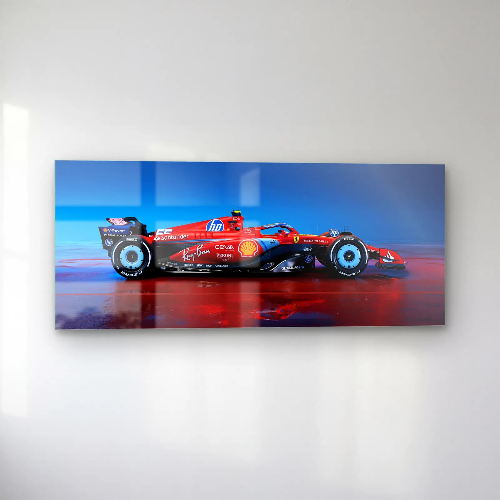 Ferrari F1 Yan Profil Mavi Işık cam tablo — sol açıdan görünüm