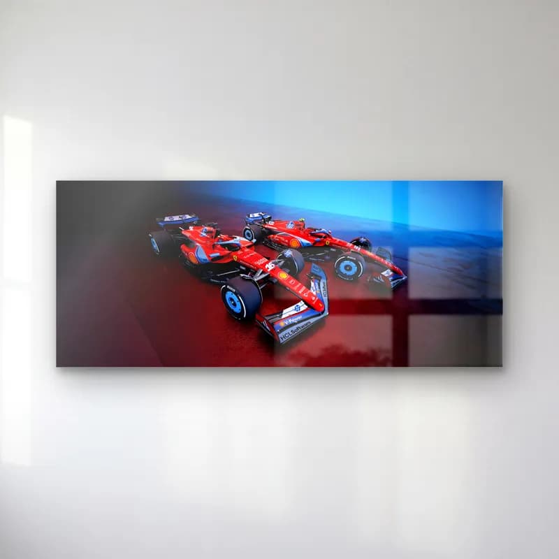 Üstten Açılı Ferrari F1 cam tablo — Kırmızı mavi zeminde üstten açıyla görülen kırmızı Ferrari F1 aracı