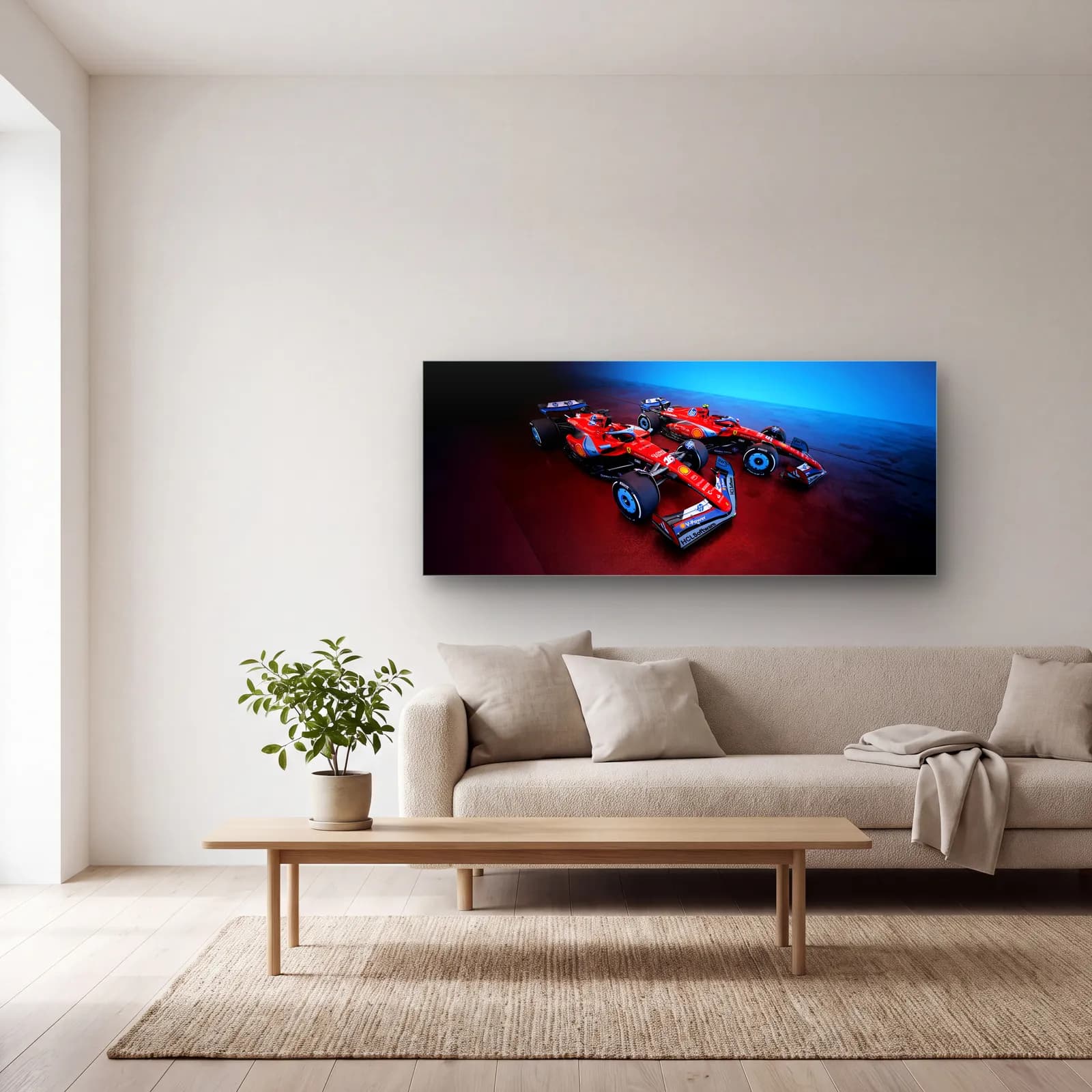 Üstten Açılı Ferrari F1 cam tablo — açık renk salonda