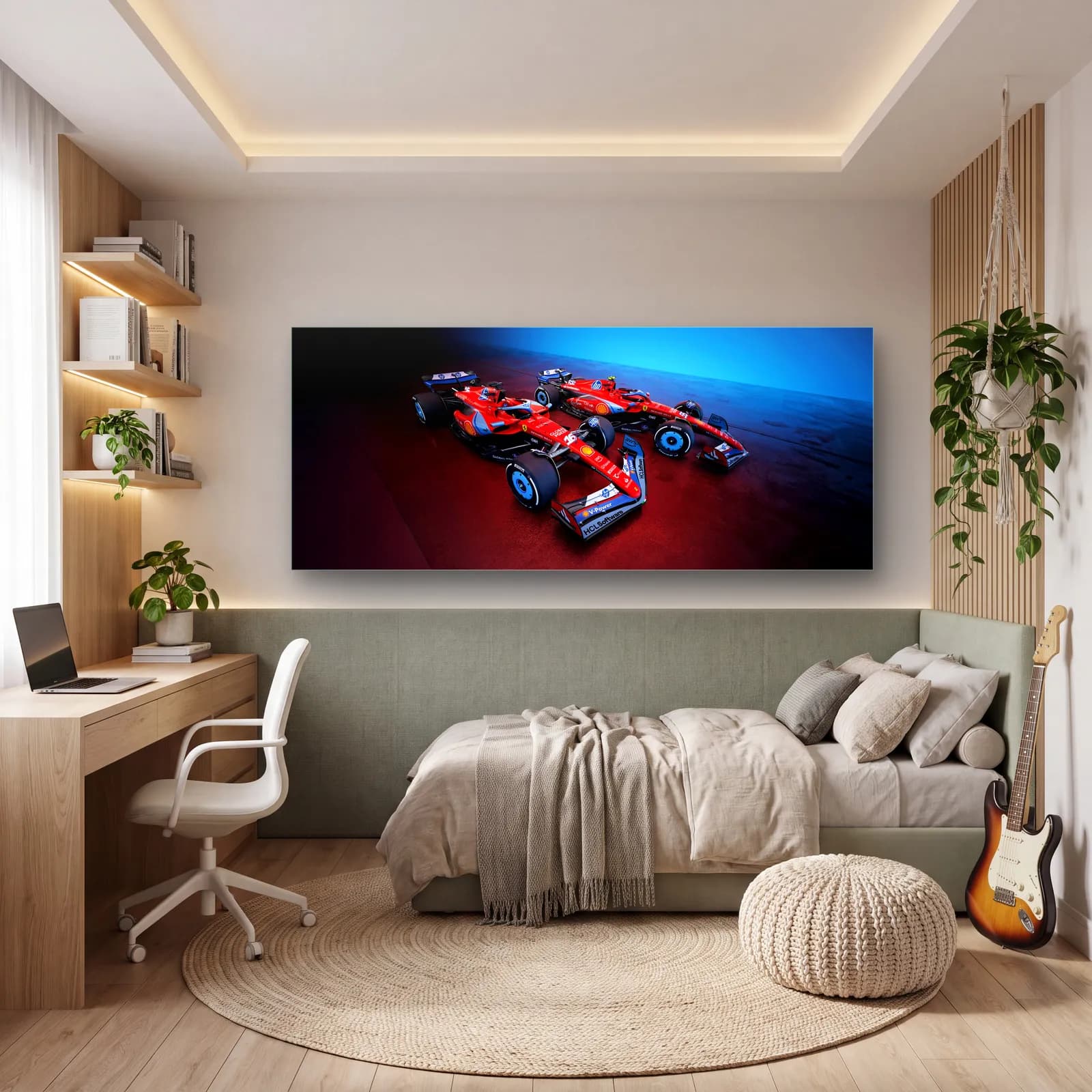 Üstten Açılı Ferrari F1 cam tablo — genç odasında