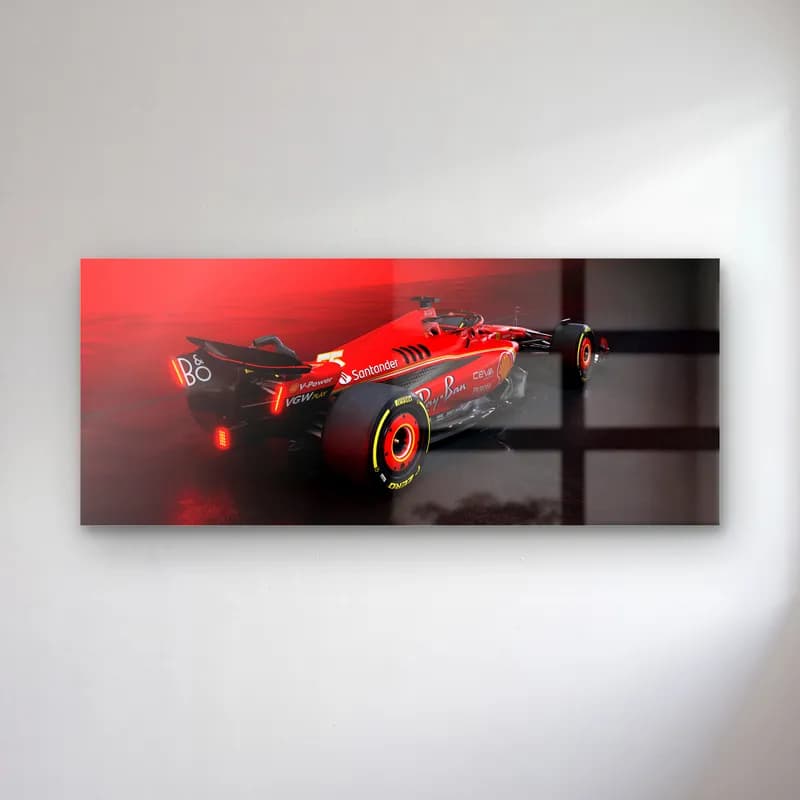 Arkadan Ferrari F1 Kırmızı Sis cam tablo — Kırmızı sis içinde arka açıdan görülen kırmızı Ferrari F1 aracı