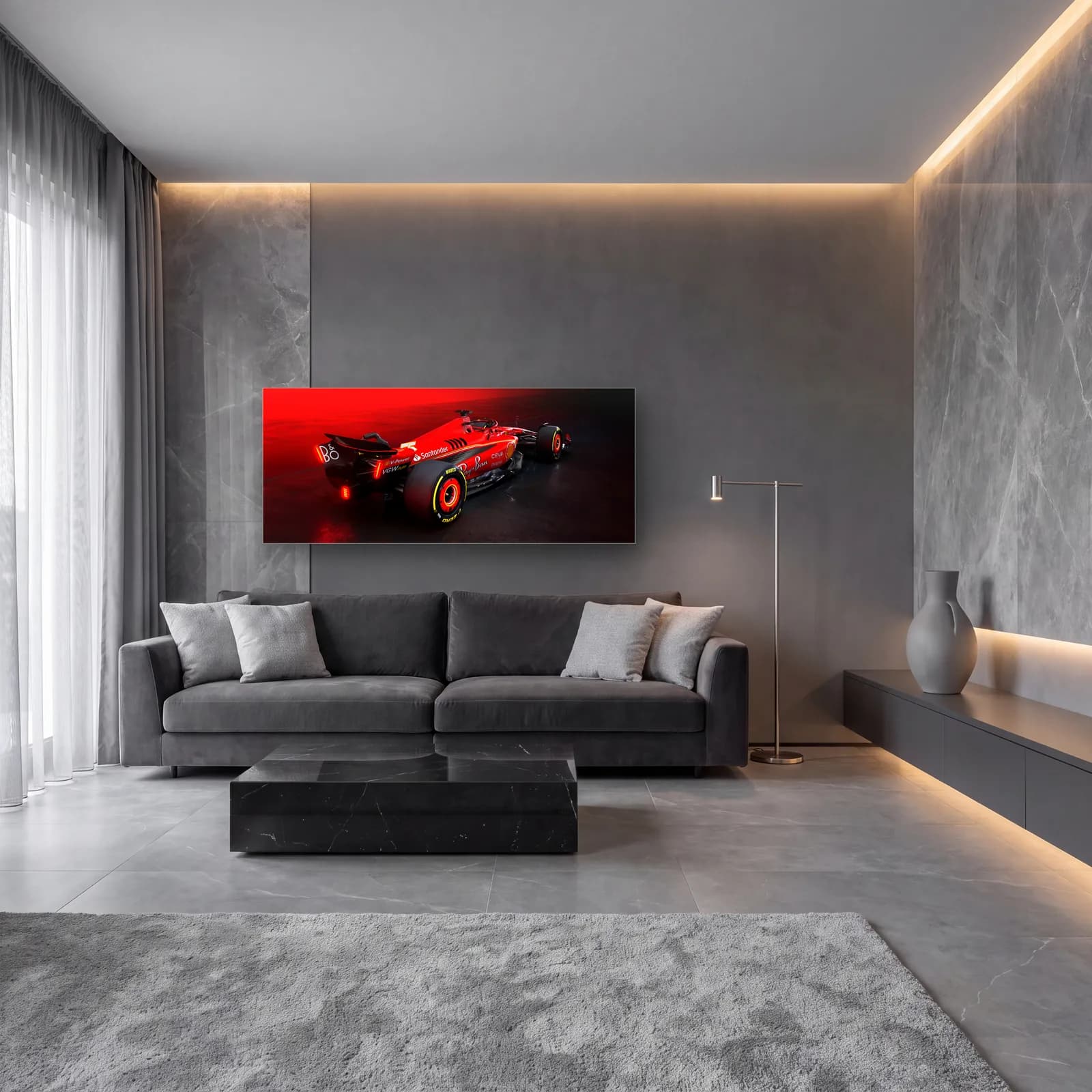 Arkadan Ferrari F1 Kırmızı Sis cam tablo — lüks salon duvarında