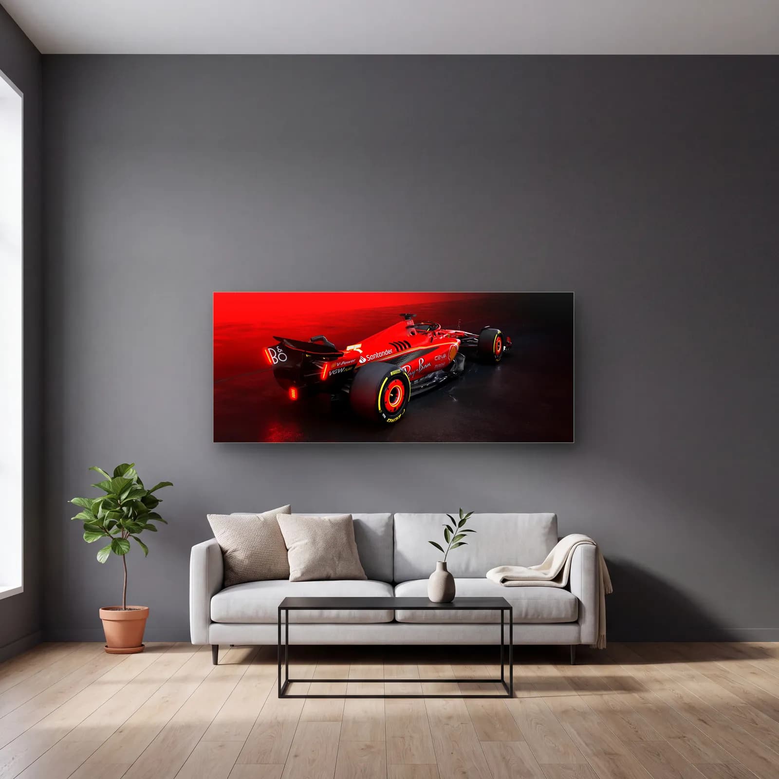 Arkadan Ferrari F1 Kırmızı Sis cam tablo — gri duvarlı salonda