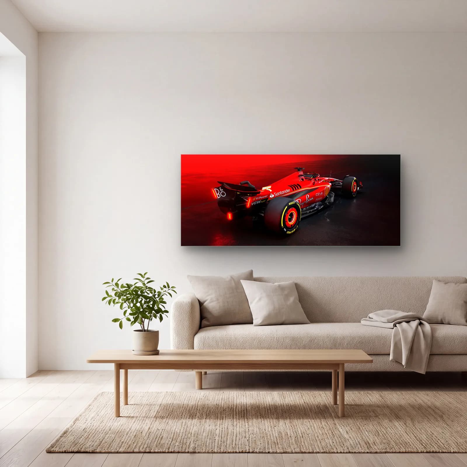 Arkadan Ferrari F1 Kırmızı Sis cam tablo — açık renk salonda