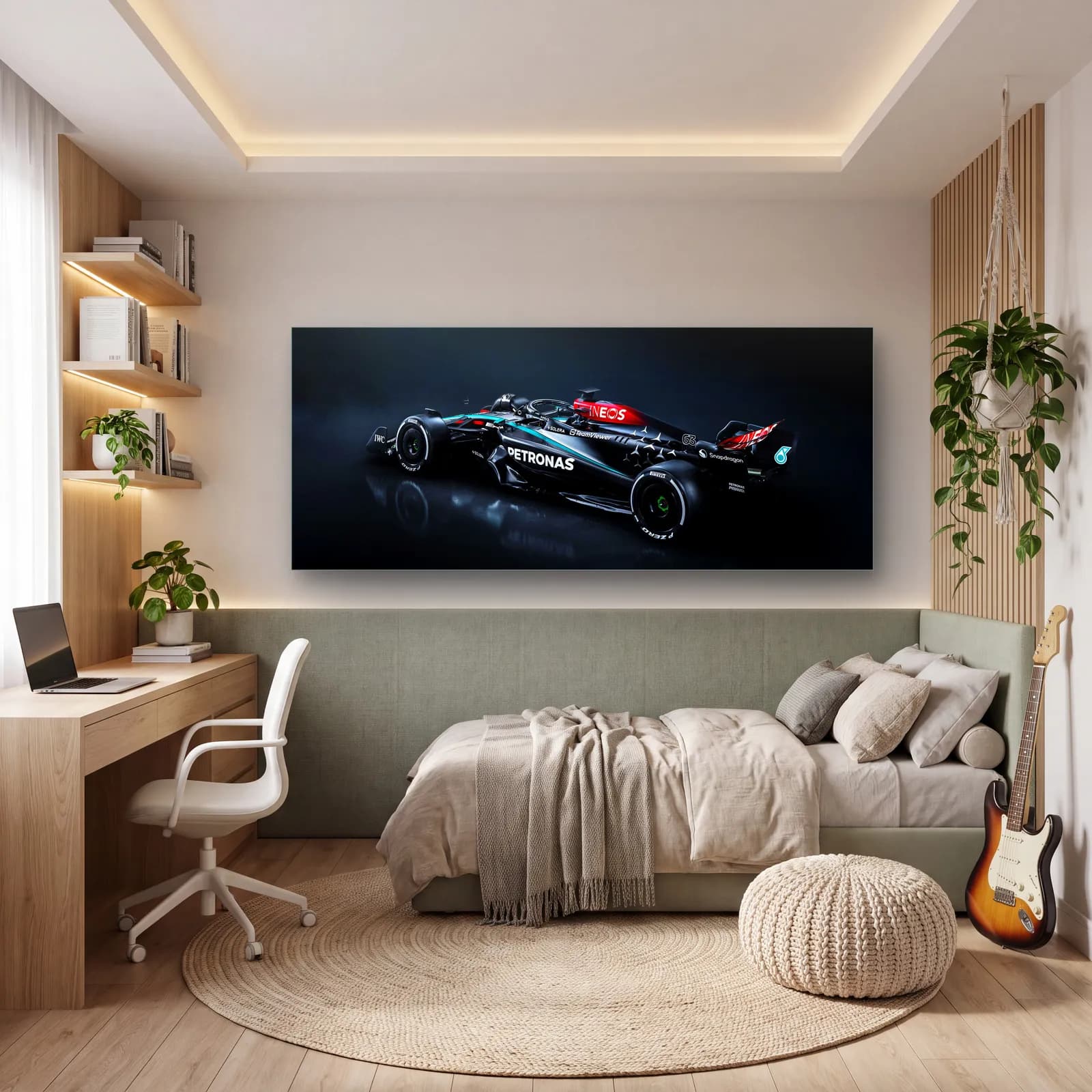 Karanlıkta Mercedes F1 Sol Açı cam tablo — genç odasında