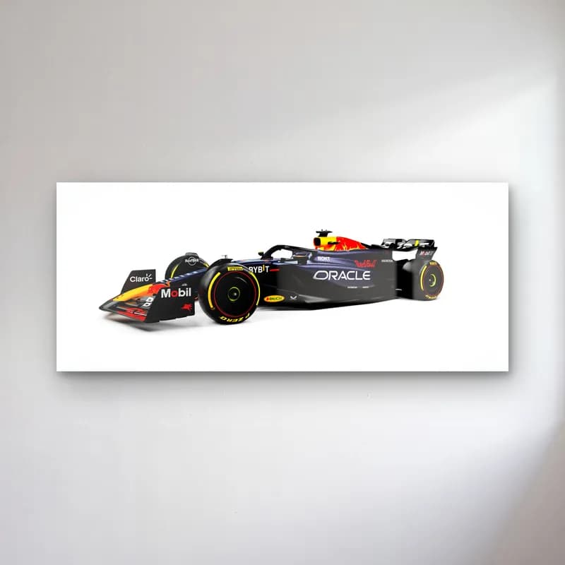 Beyaz Zeminde Red Bull F1 Profil cam tablo — Beyaz zeminde yandan görülen lacivert Red Bull F1 aracı