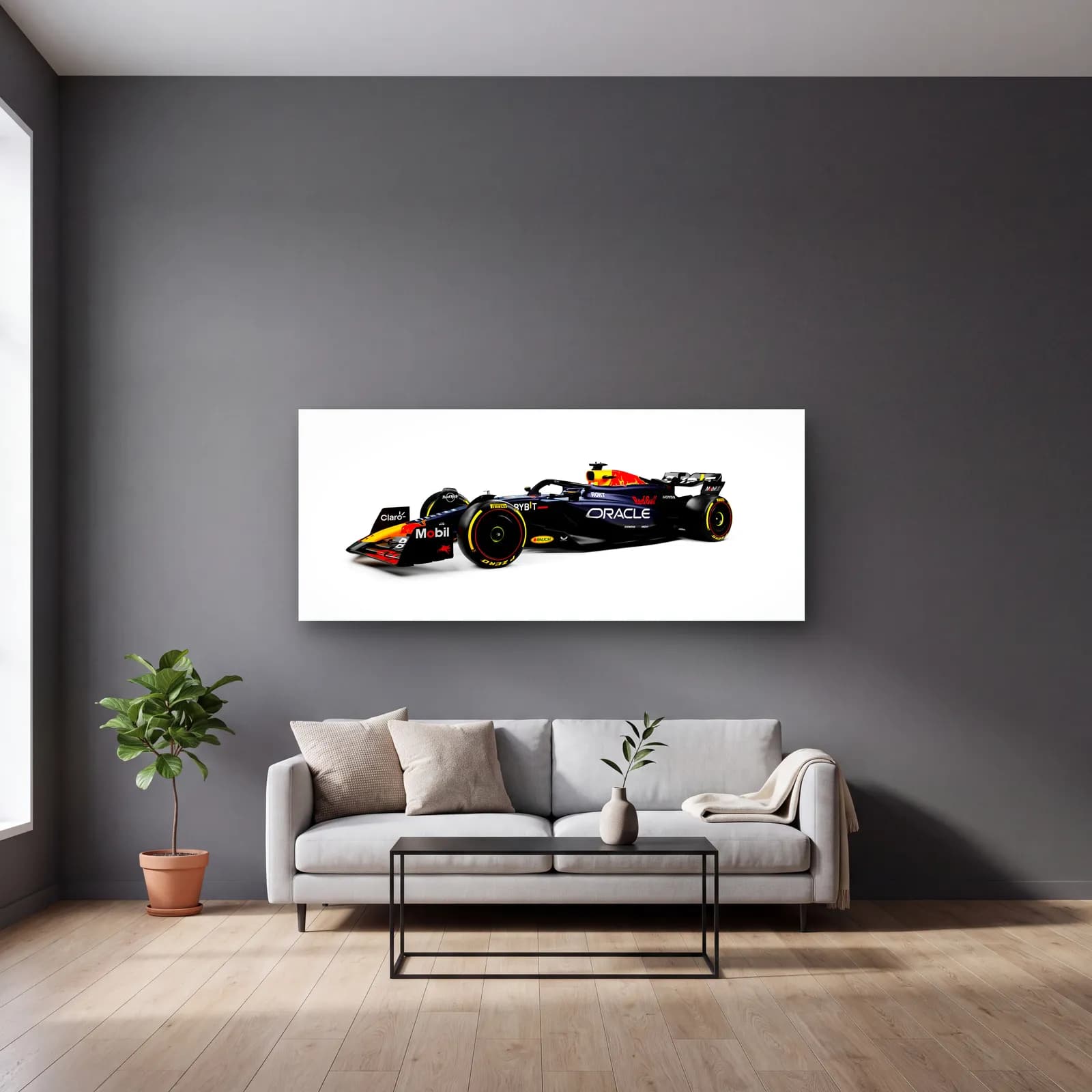 Beyaz Zeminde Red Bull F1 Profil cam tablo — gri duvarlı salonda