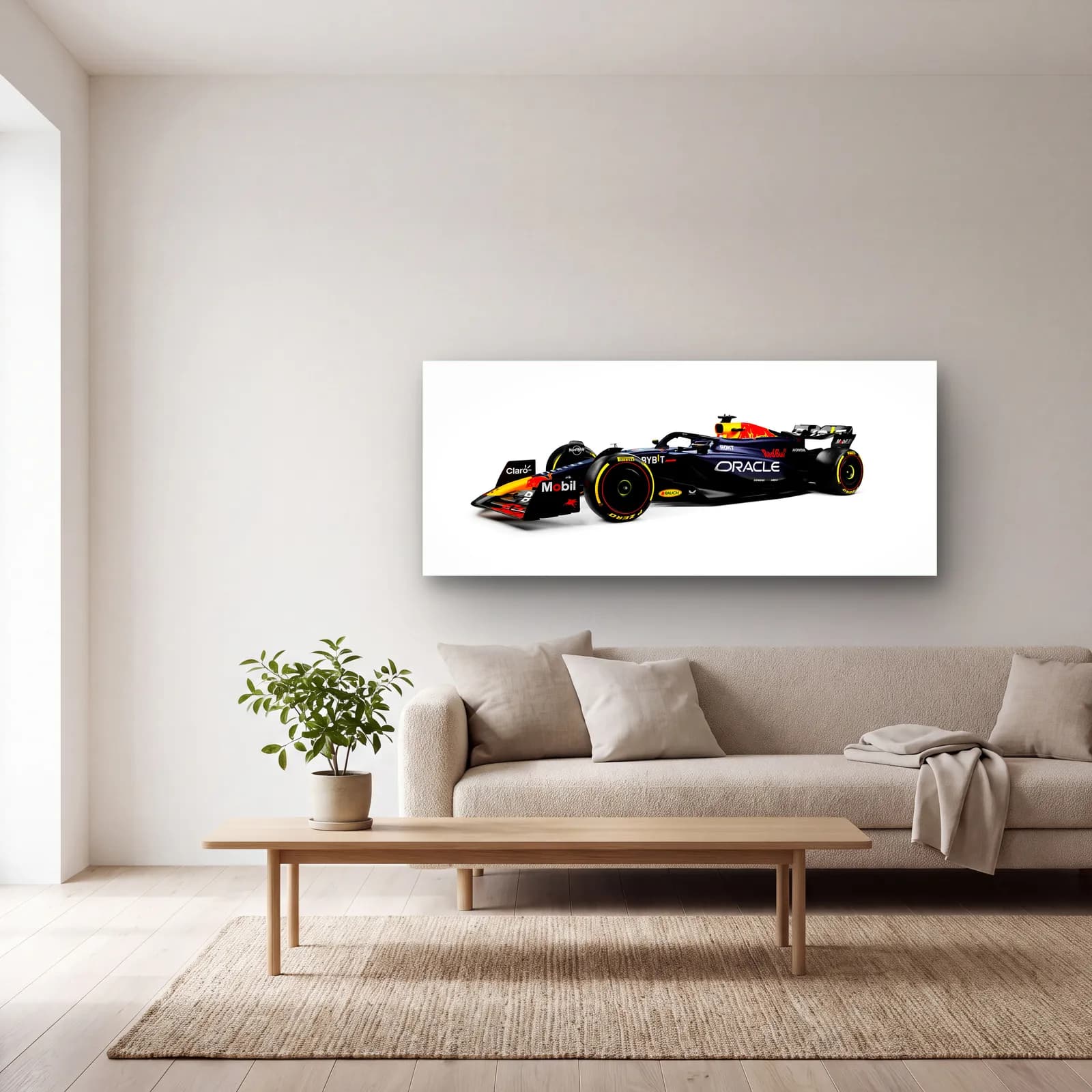Beyaz Zeminde Red Bull F1 Profil cam tablo — açık renk salonda