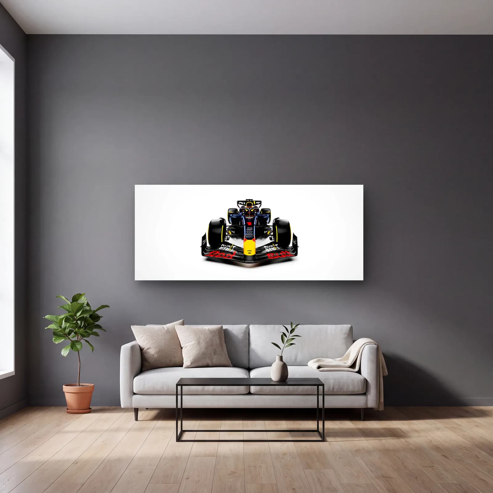 Beyaz Zeminde Önden Red Bull F1 cam tablo — gri duvarlı salonda