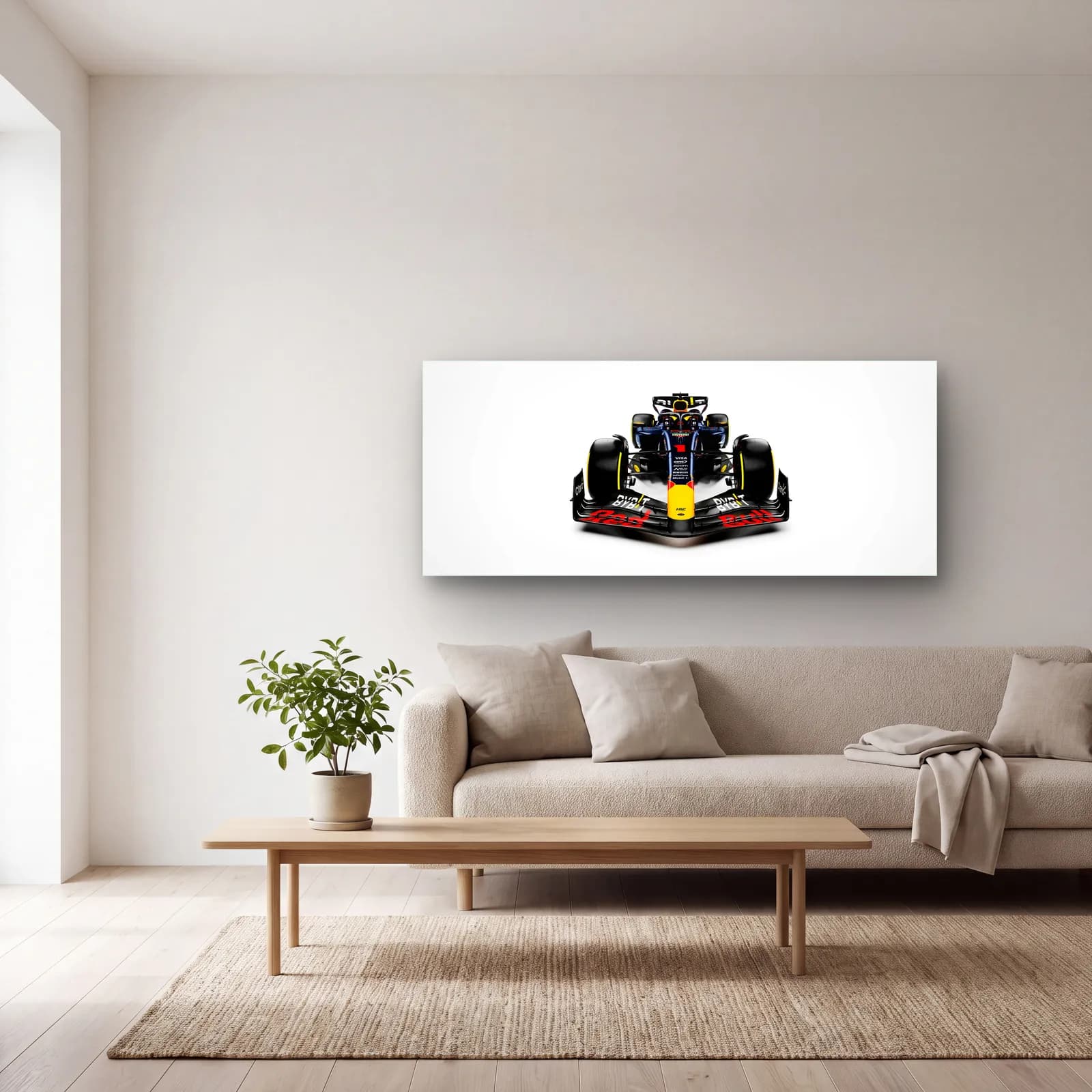 Beyaz Zeminde Önden Red Bull F1 cam tablo — açık renk salonda