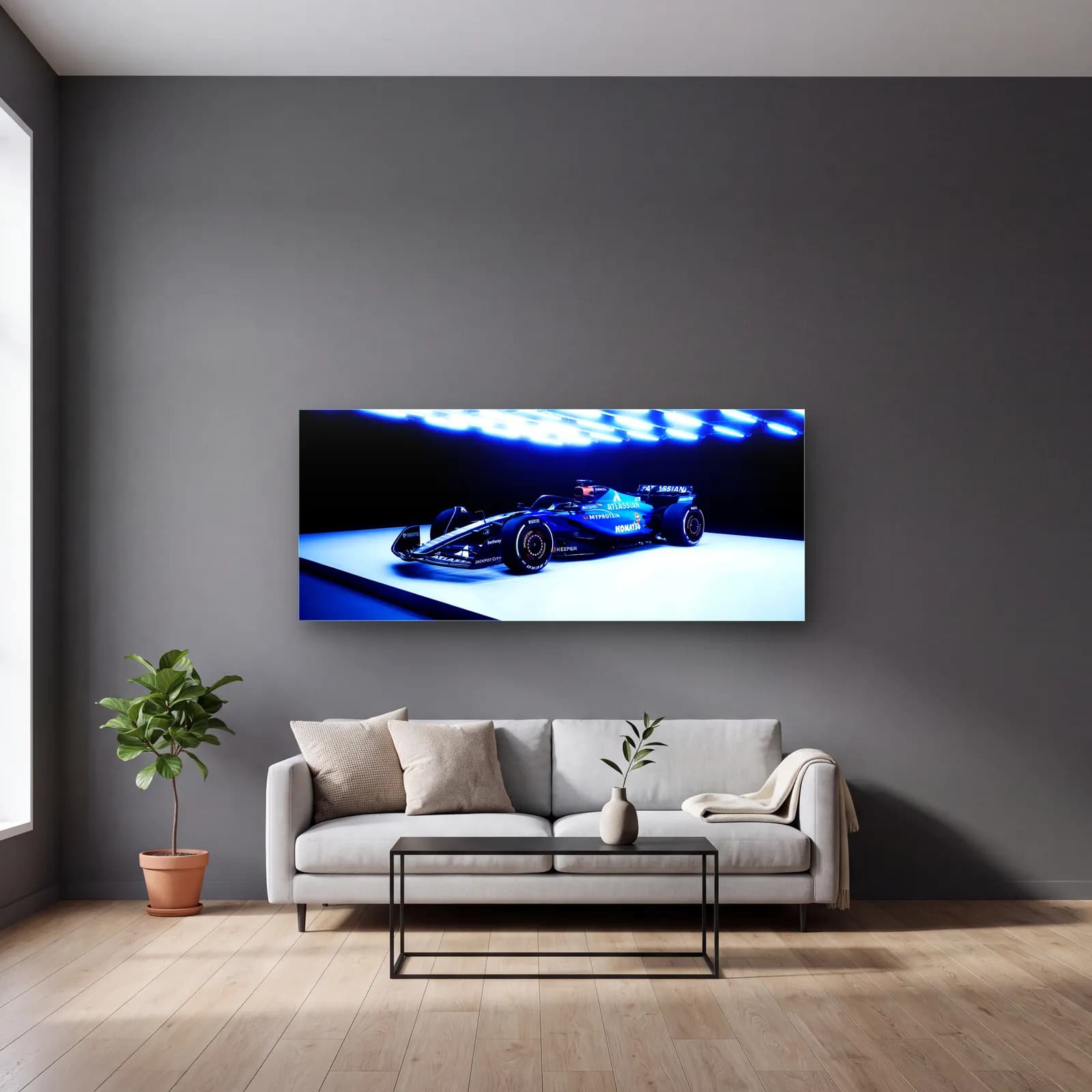 Williams F1 Aracı Ön Çapraz cam tablo — gri duvarlı salonda