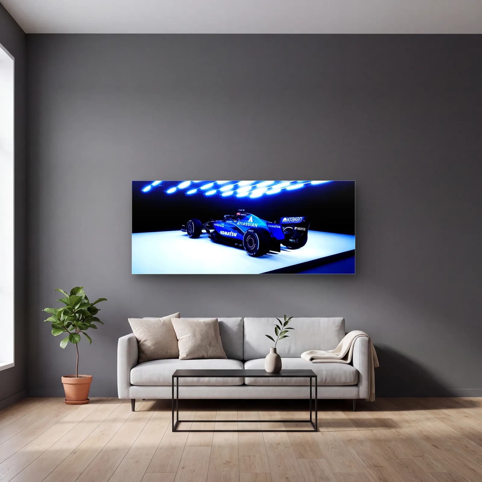 Williams F1 Mavi Işıklar Altında cam tablo — gri duvarlı salonda