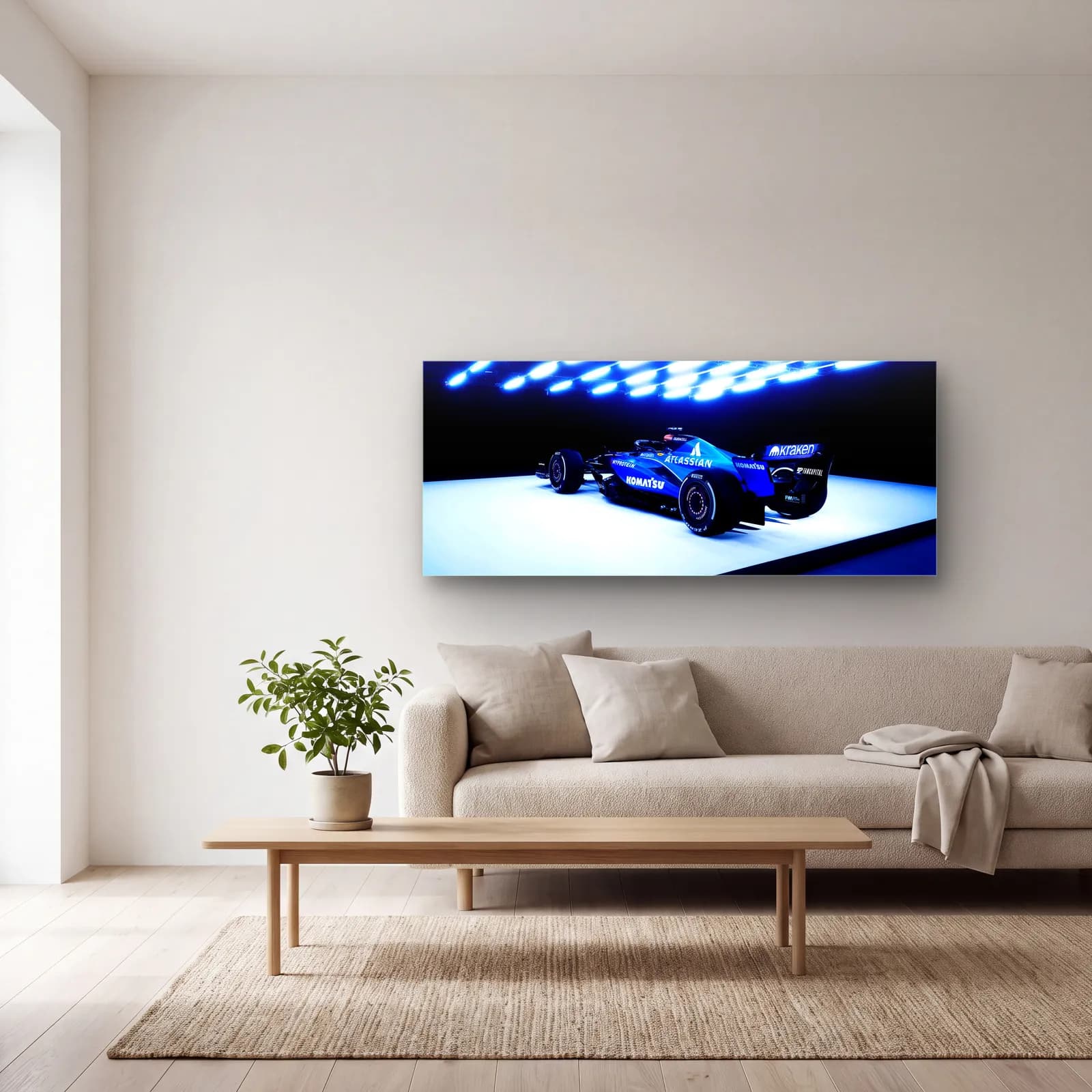 Williams F1 Mavi Işıklar Altında cam tablo — açık renk salonda