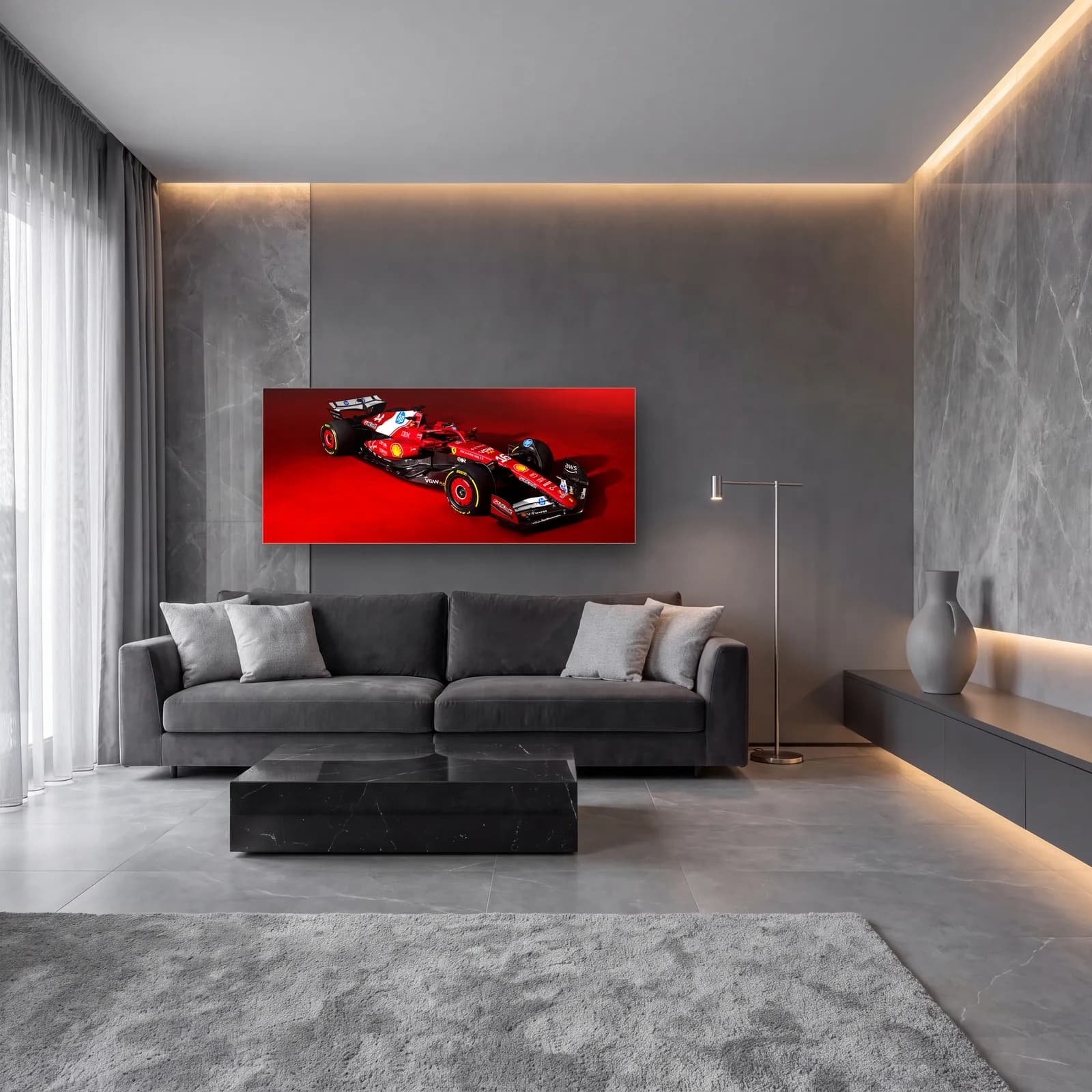 Ferrari F1 Aracı Kırmızı Fon cam tablo — lüks salon duvarında