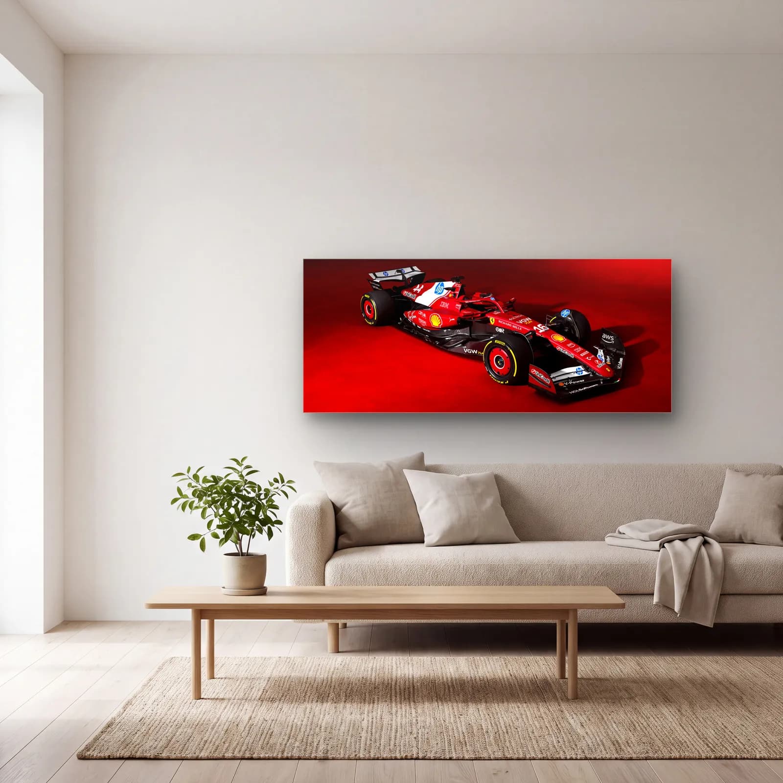 Ferrari F1 Aracı Kırmızı Fon cam tablo — açık renk salonda