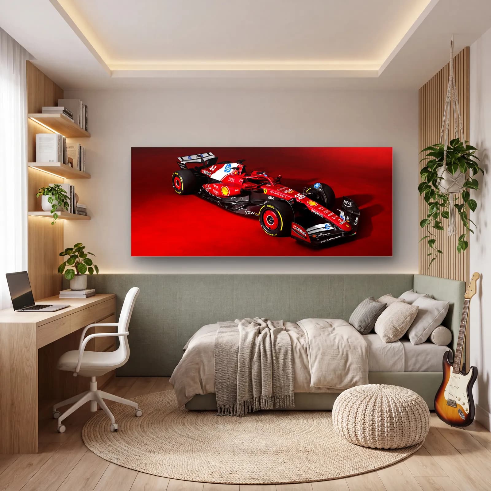 Ferrari F1 Aracı Kırmızı Fon cam tablo — genç odasında