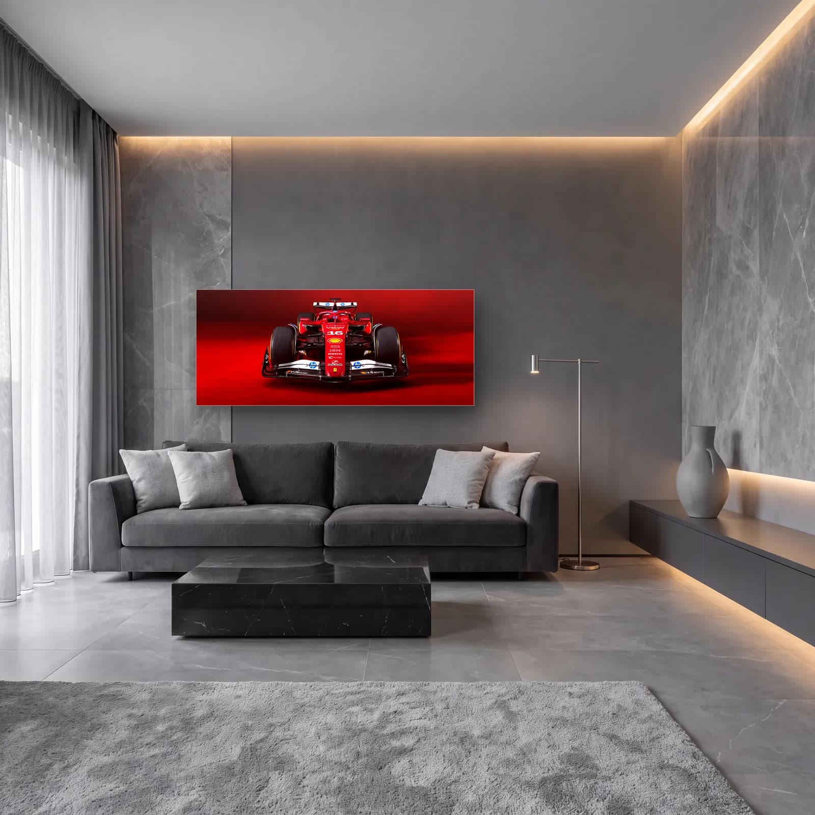 Ferrari F1 16 Numara Önden cam tablo — lüks salon duvarında