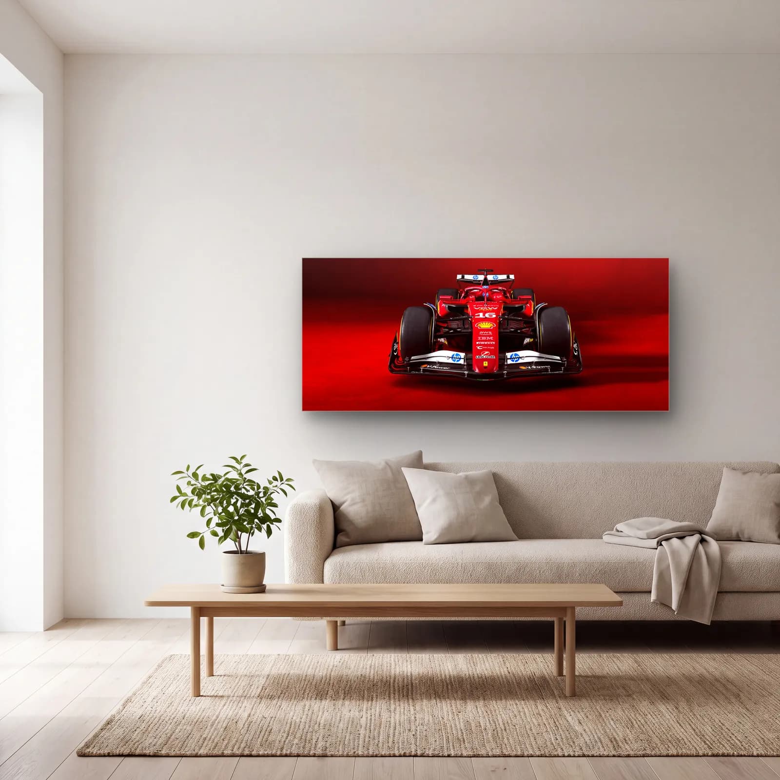 Ferrari F1 16 Numara Önden cam tablo — açık renk salonda