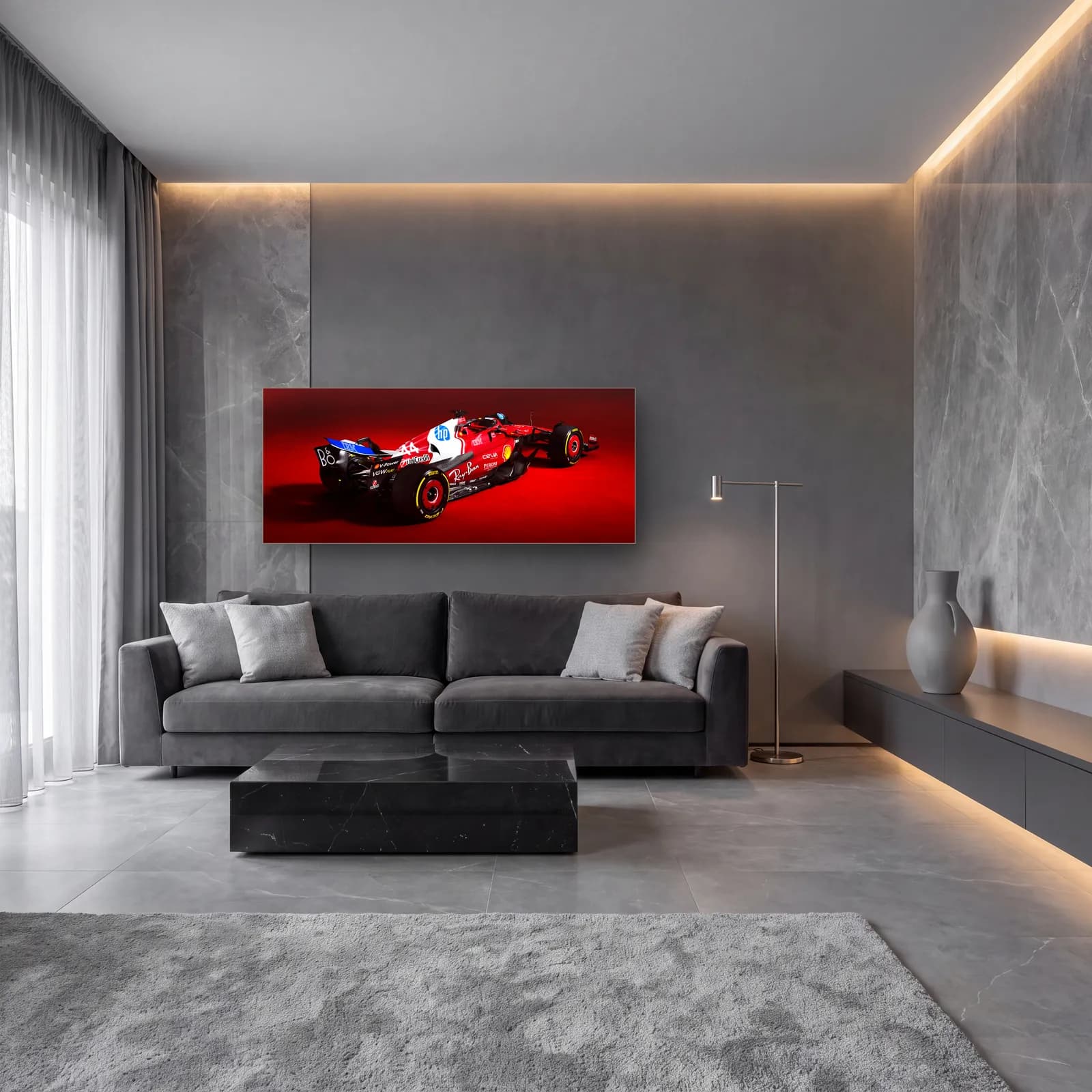 Ferrari HP Beyaz Kırmızı Arka cam tablo — lüks salon duvarında
