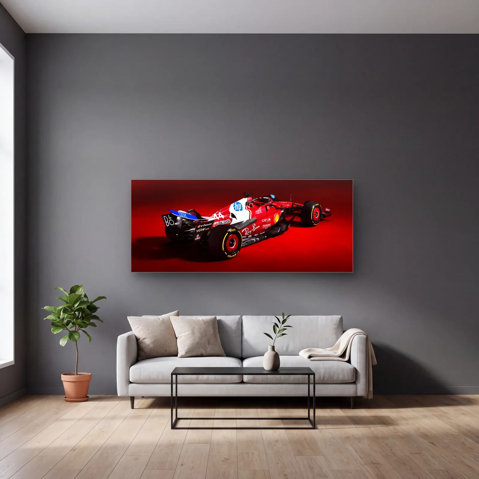 Ferrari HP Beyaz Kırmızı Arka cam tablo — gri duvarlı salonda