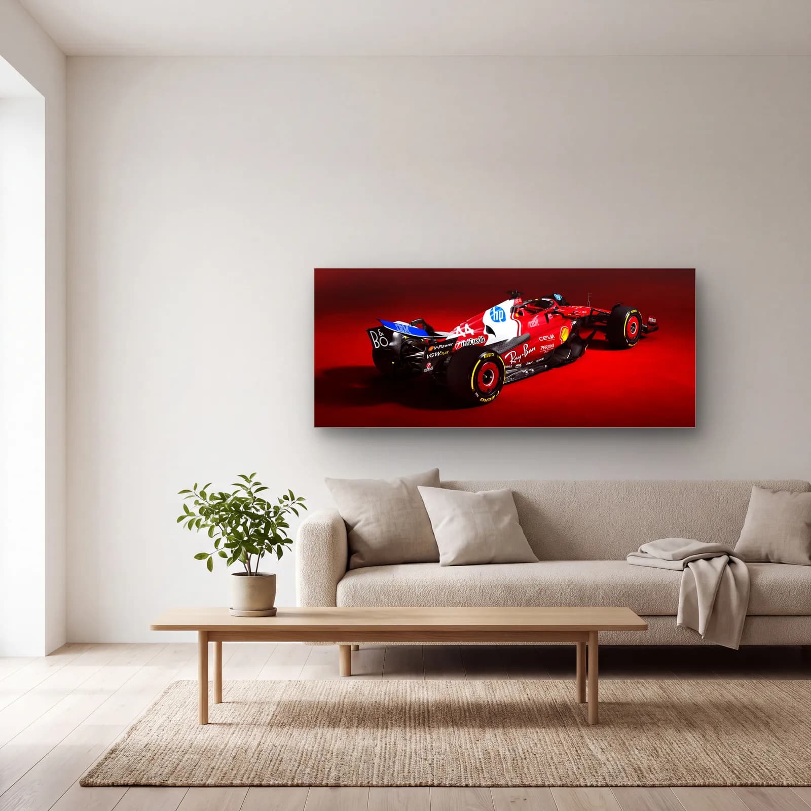 Ferrari HP Beyaz Kırmızı Arka cam tablo — açık renk salonda