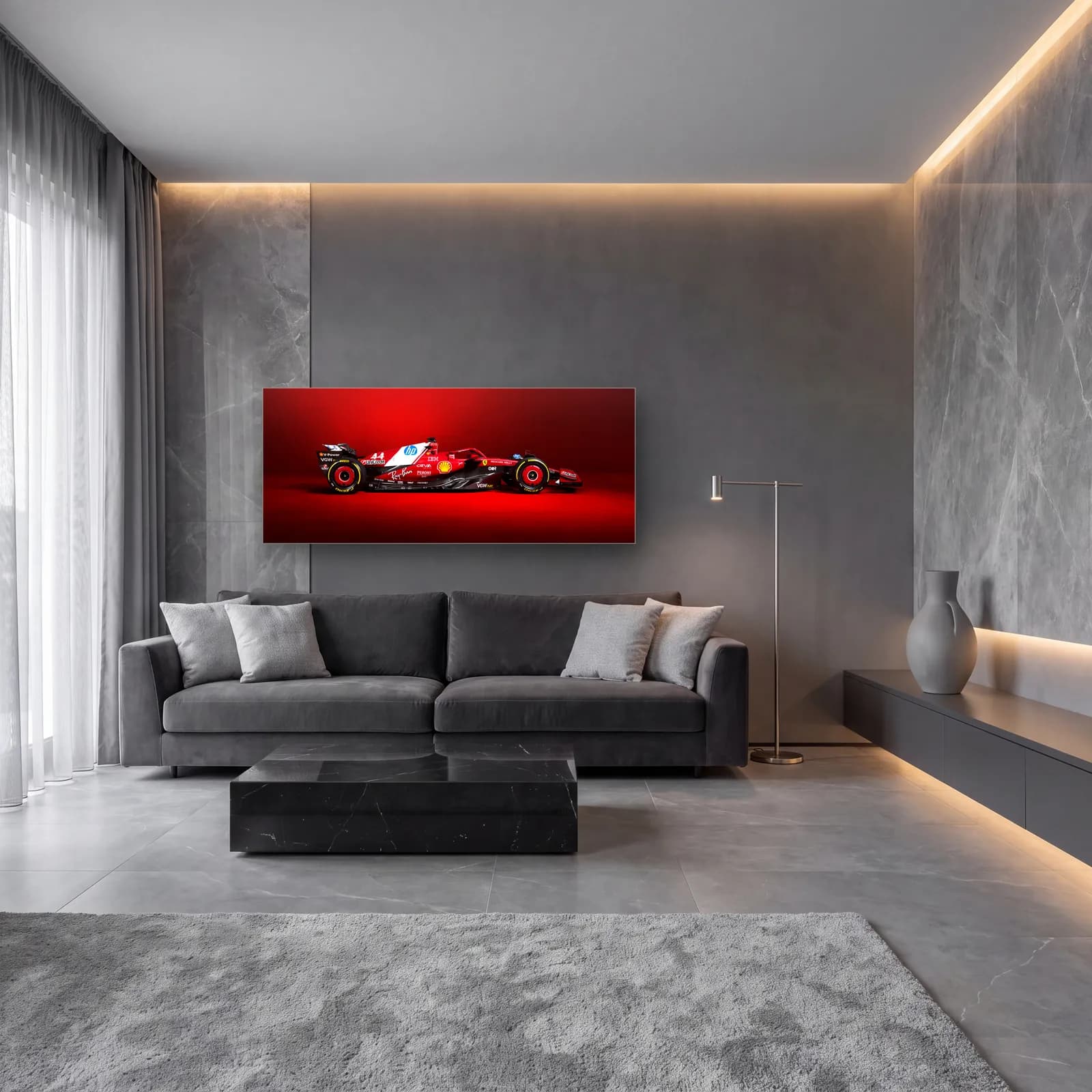 Ferrari 44 Numara Yan Profil cam tablo — lüks salon duvarında