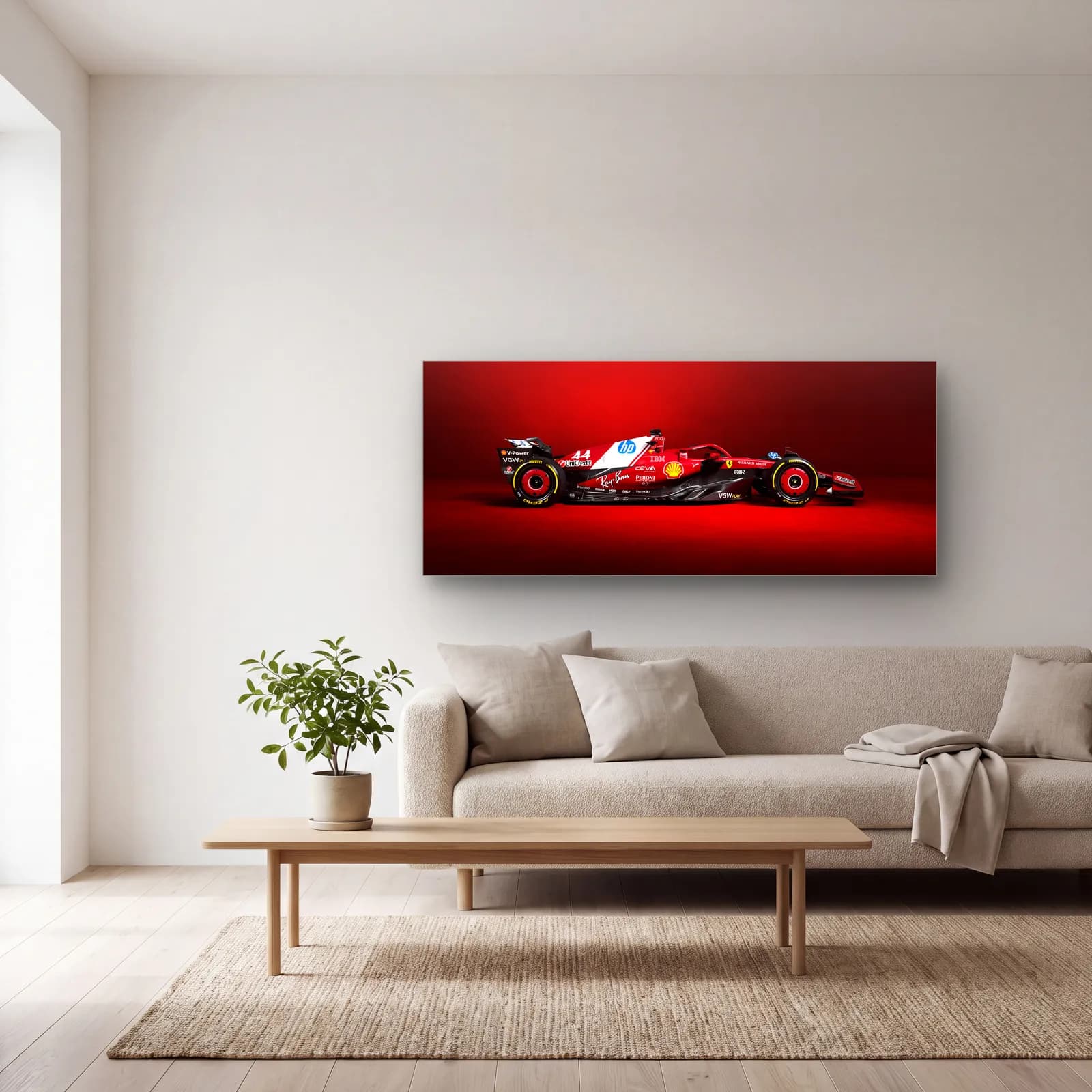 Ferrari 44 Numara Yan Profil cam tablo — açık renk salonda