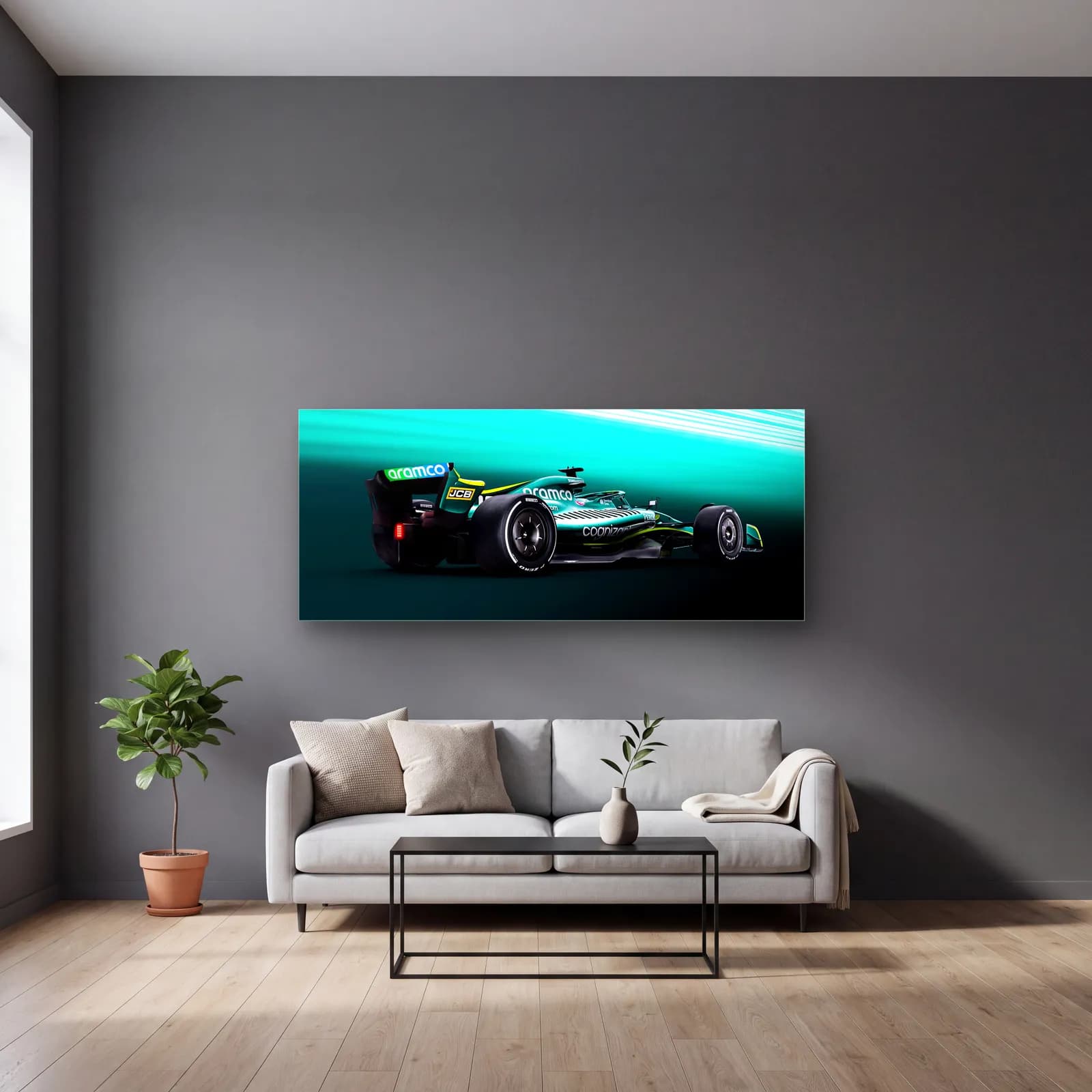 Aston Martin F1 Turkuaz Işık cam tablo — gri duvarlı salonda