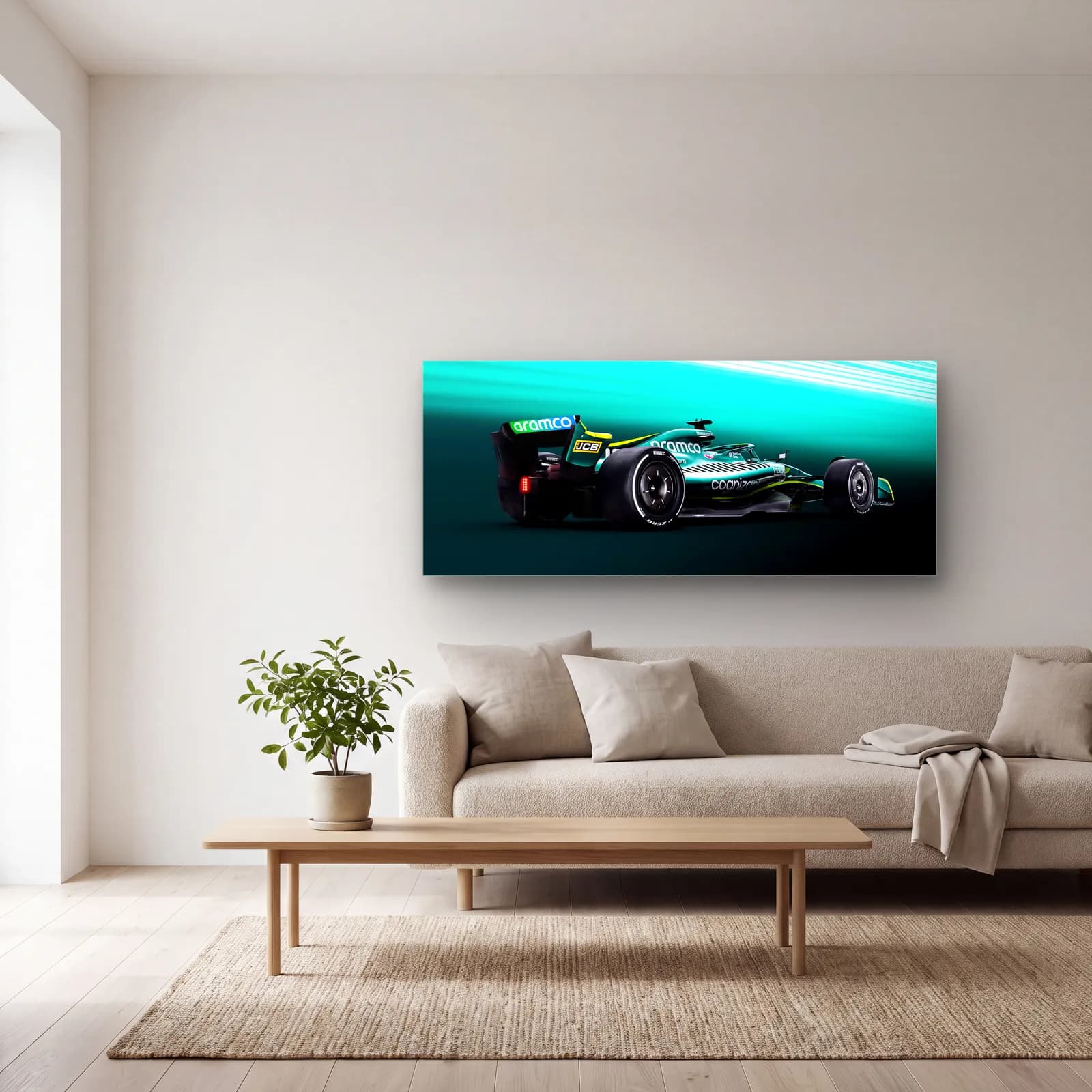 Aston Martin F1 Turkuaz Işık cam tablo — açık renk salonda