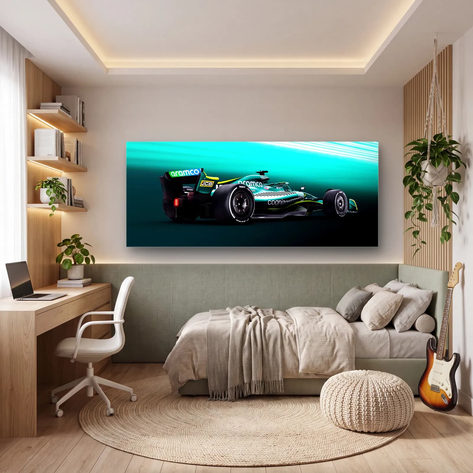 Aston Martin F1 Turkuaz Işık cam tablo — genç odasında
