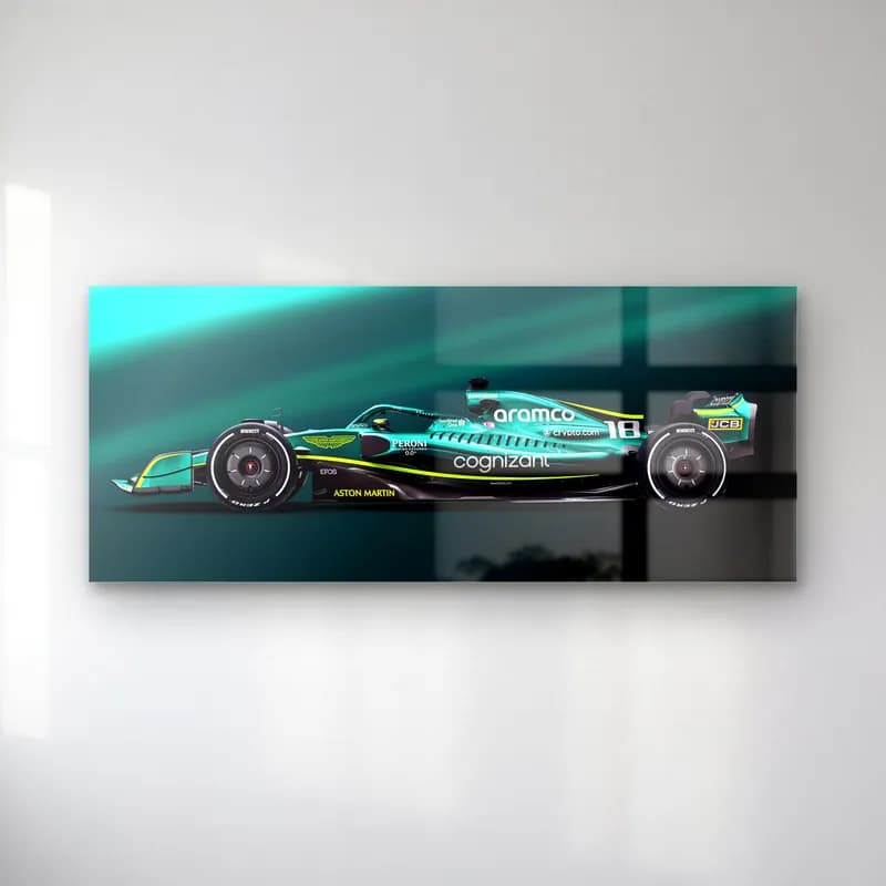 Aston Martin F1 Yan Profil cam tablo — Turkuaz ışık efektleri önünde yandan görünen yeşil Aston Martin Formula 1 aracı