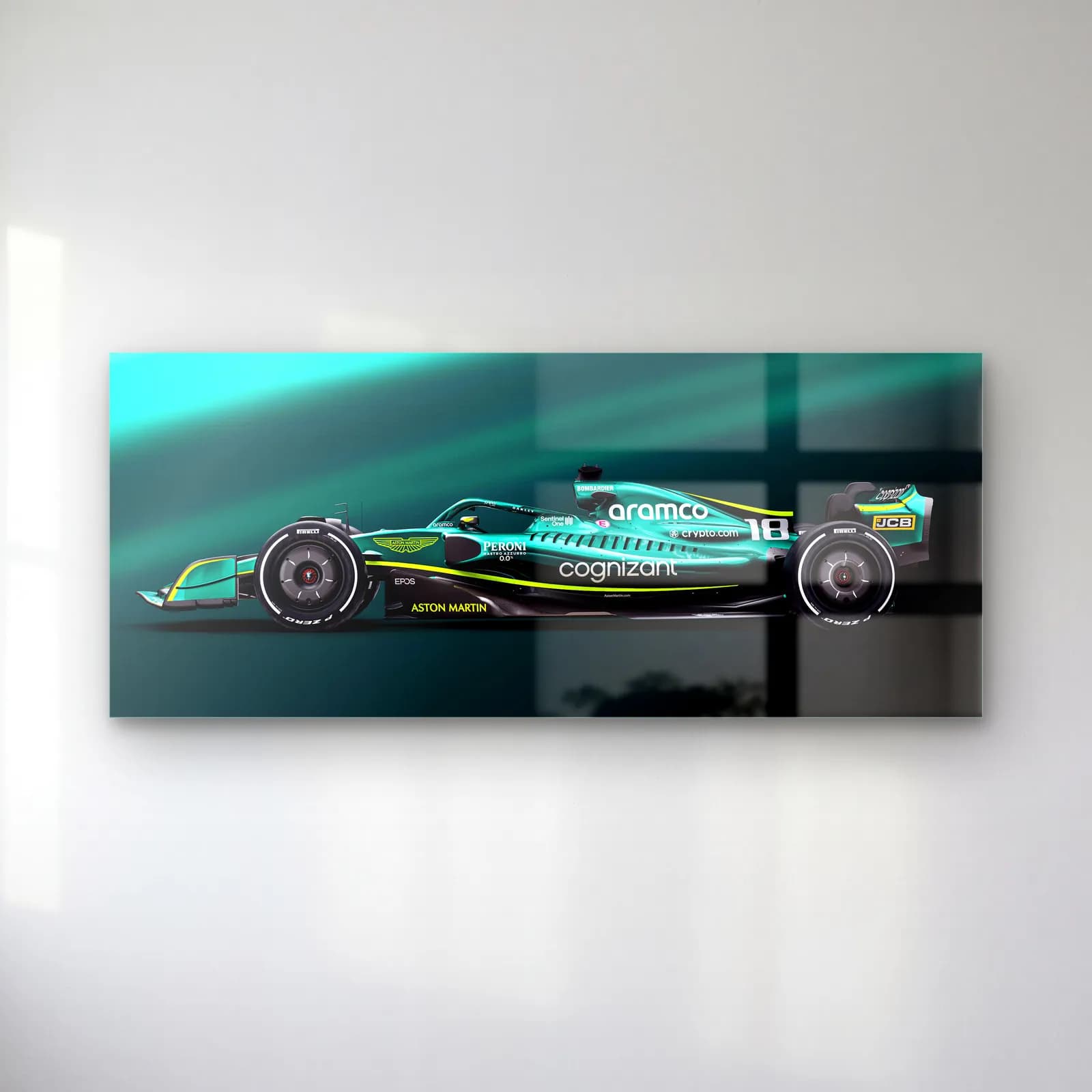 Aston Martin F1 Yan Profil cam tablo — Turkuaz ışık efektleri önünde yandan görünen yeşil Aston Martin Formula 1 aracı