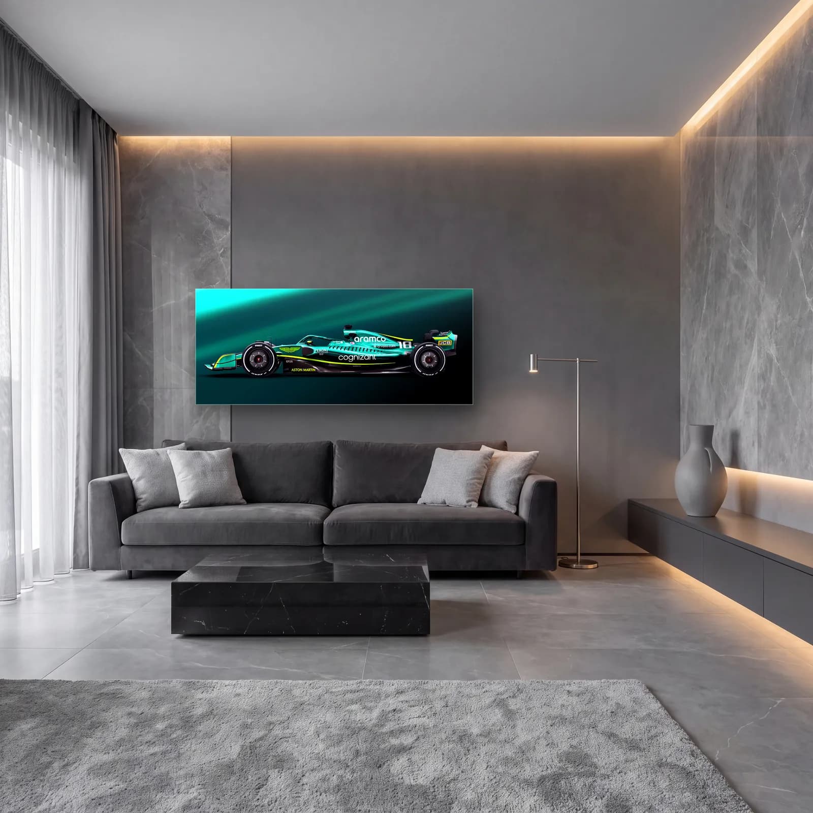 Aston Martin F1 Yan Profil cam tablo — lüks salon duvarında