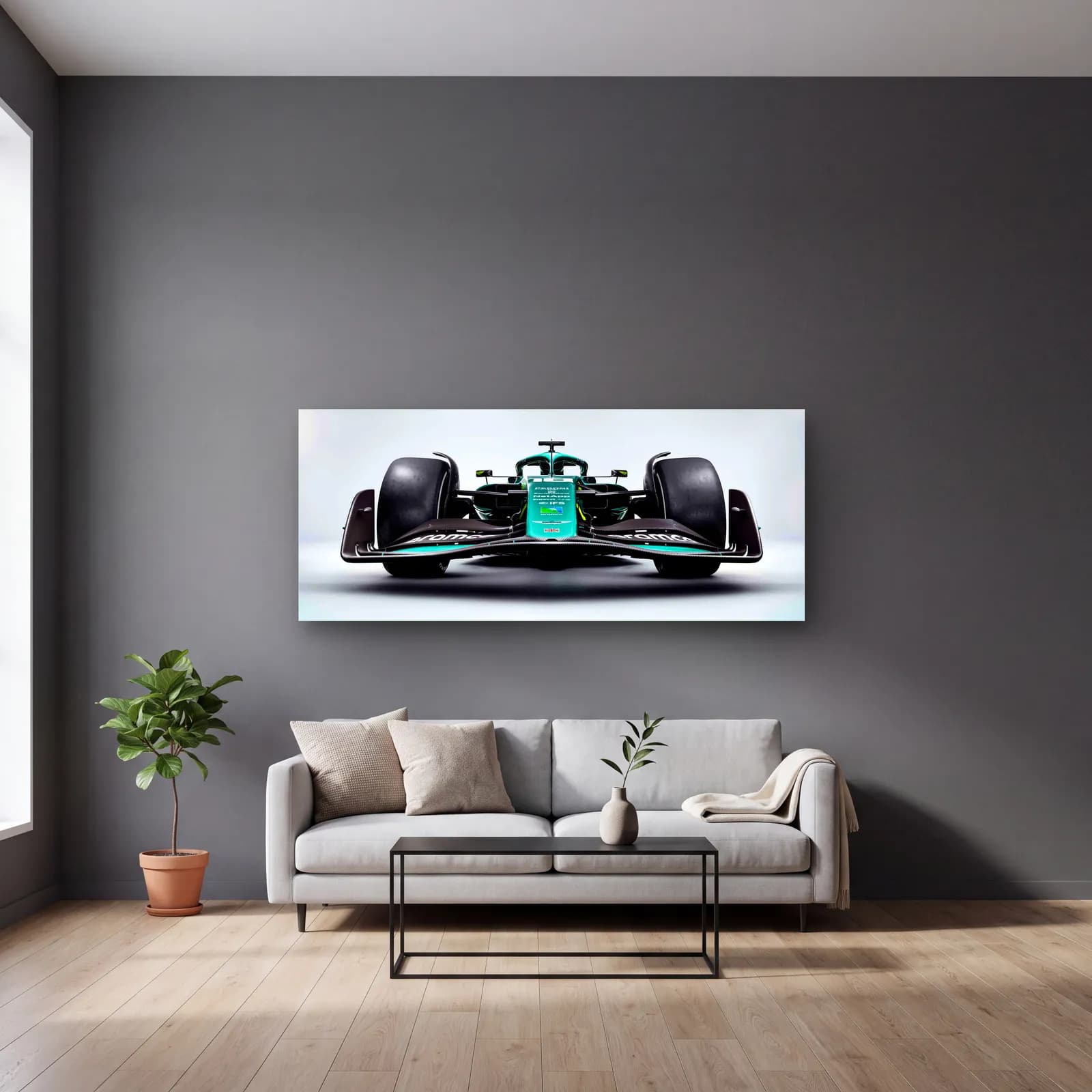 Aston Martin F1 Ön Görünüm cam tablo — gri duvarlı salonda